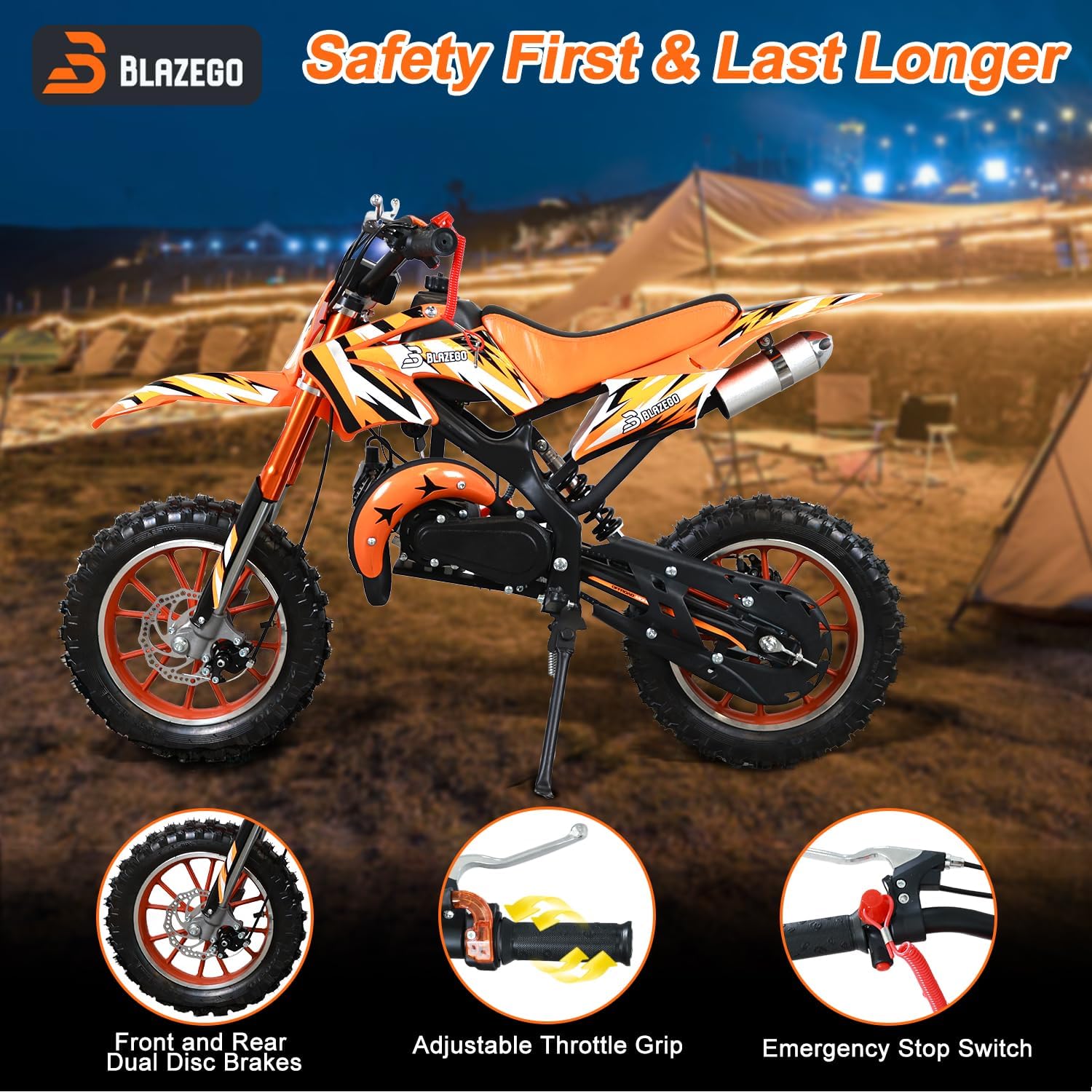 BLAZEGO 49cc Kids Dirt Bike showing front and rear dual disc brakes, adjustable throttle grip, and emergency stop switch.