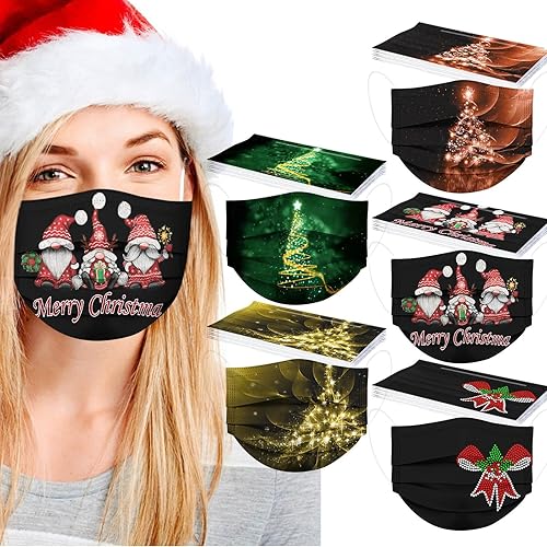 Miniatura 8 de 50 máscaras faciales desechables de Navidad para adultos, 3 capas de copo de nieve suave, transpirable, para hombres y mujeres, vacaciones al aire