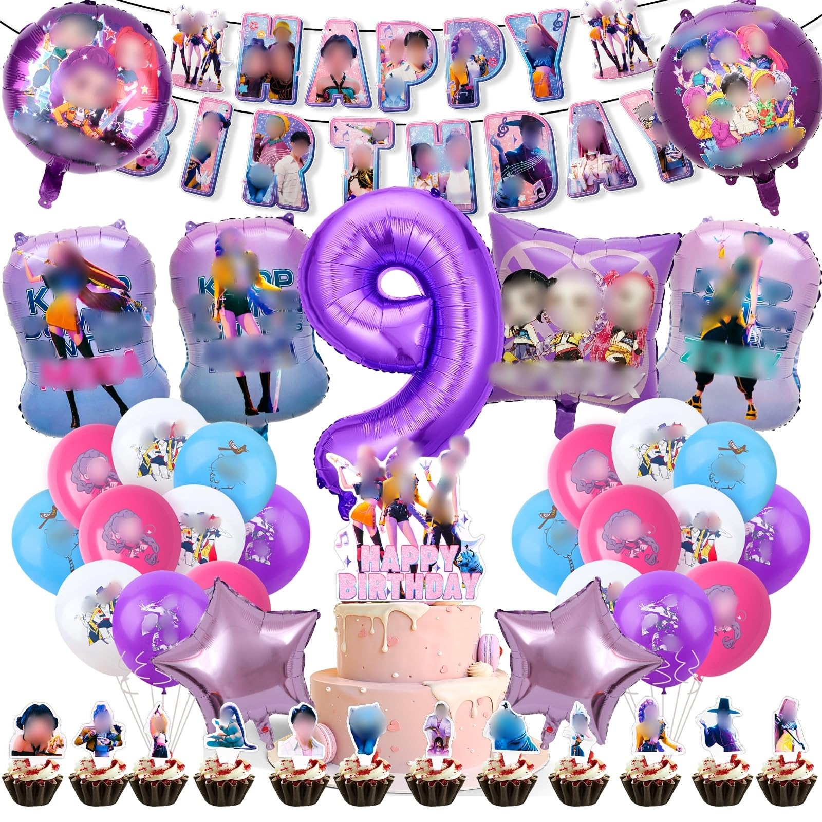 Birthday Party Decorations Supplies for kids 4 5 6 7 8 9 Years, 43pcs Kpop Happy Birthday Decorations with Banner, Balloons, Cake Topper, Cupcake Toppers