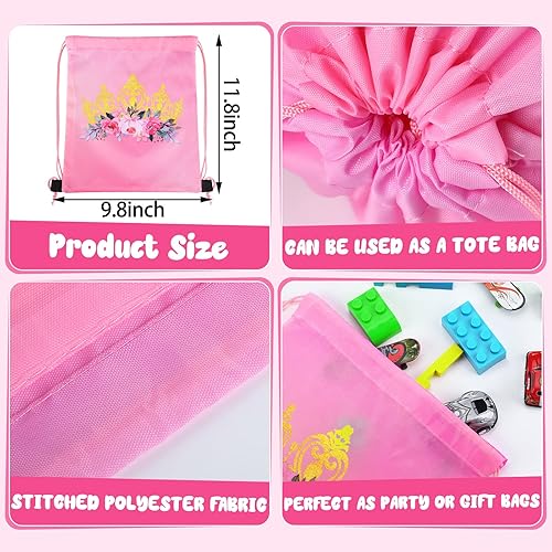 Miniatura 5 de 24 bolsas de regalo para fiesta de princesa, corona de princesa, pequeñas bolsas rosadas con cordón, decoración de recuerdos para niñas, niños,