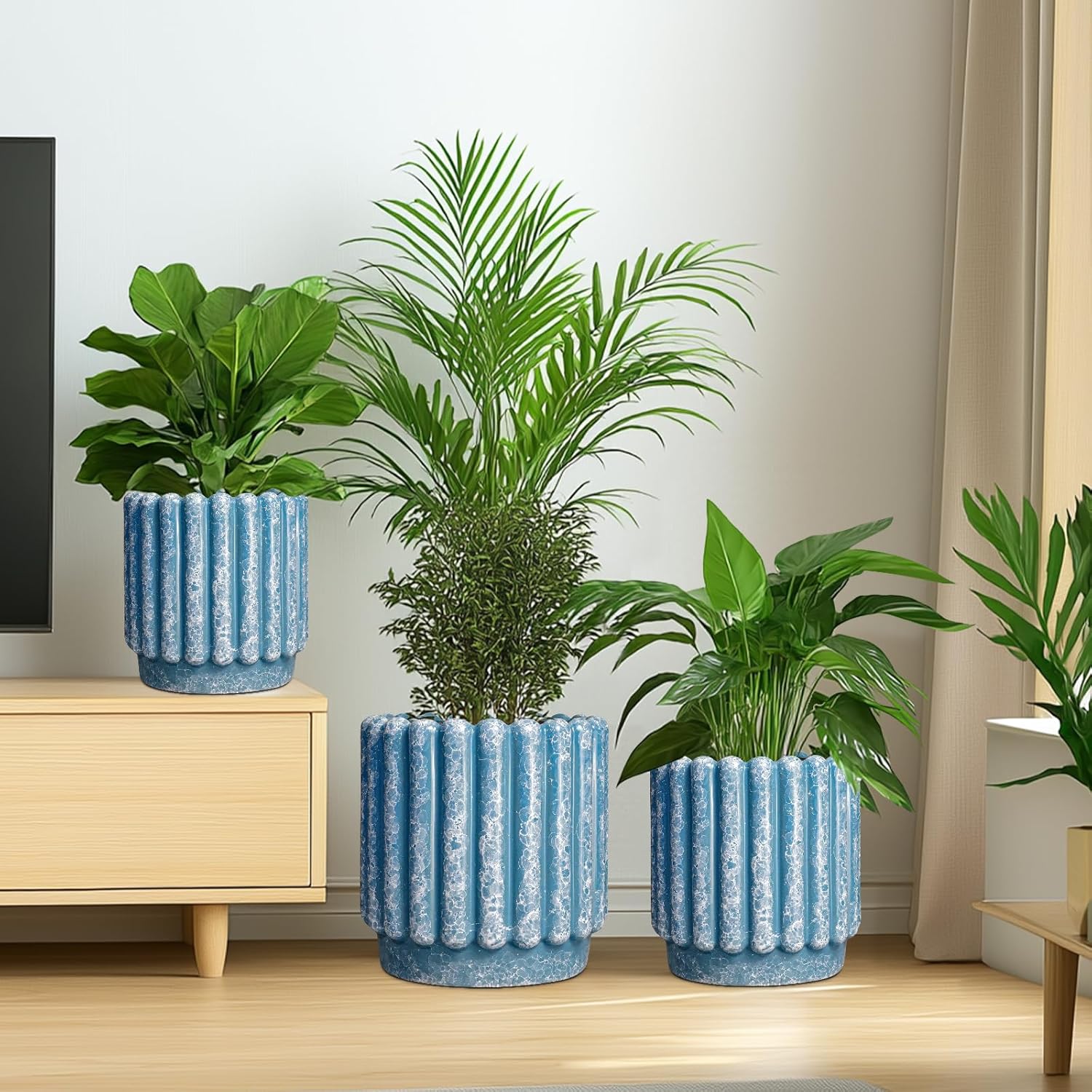Ceramicfor Ceramic Planter for Indoor Plants - 9.6 Inch Ceramic Plant Pots with Drainage Hole, Large Flower Pots Outdoor, Fluted Decorative Round Planter, Front Door Decor, Housewarming Gifts, Blue