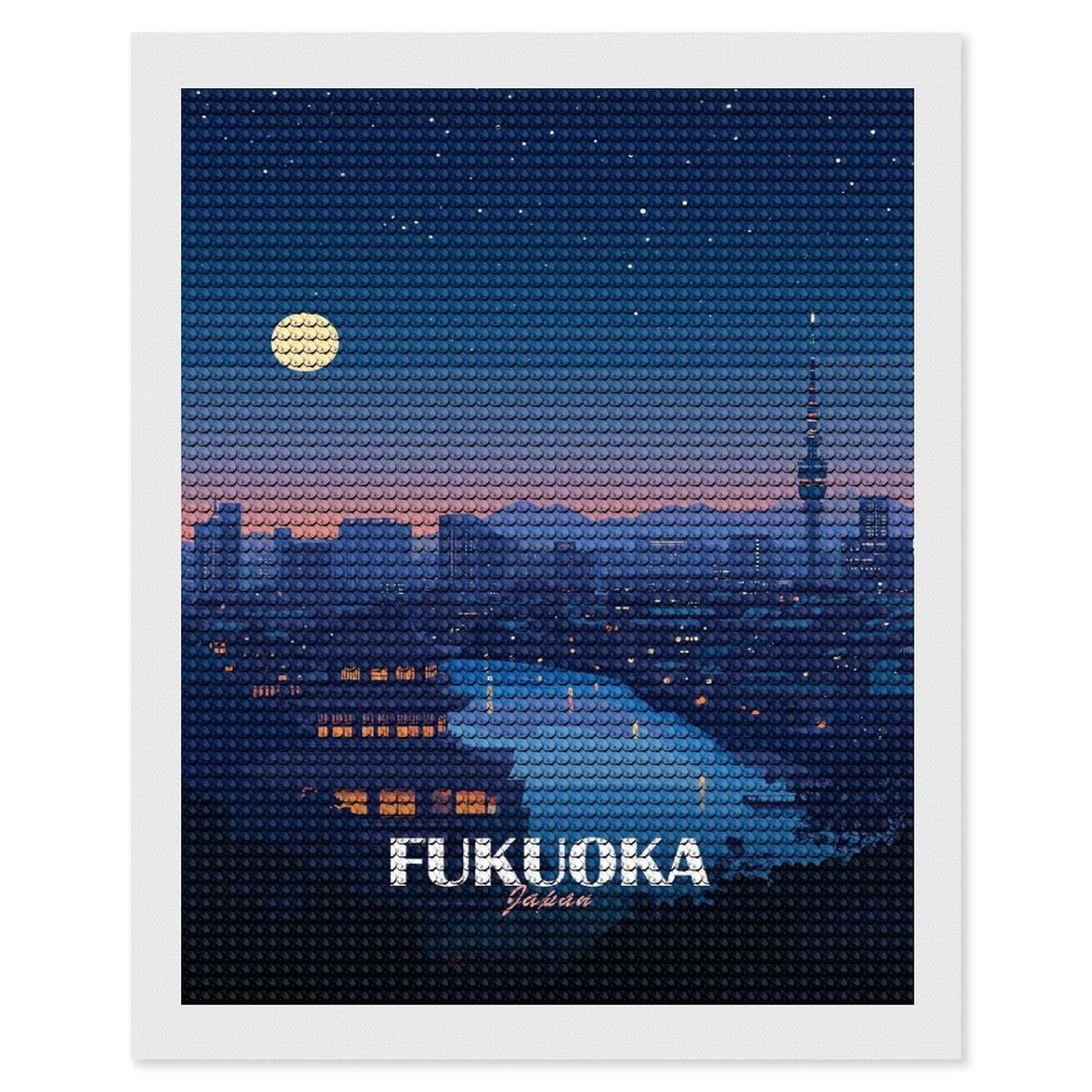 Junmoney Fukuoka Japan Night Cityscape Illustration Diamond Art Canvas 16"x20", for Adults, Printed Canvas, Home Wall Decor, Gift Idea, Mindful Craft Activity