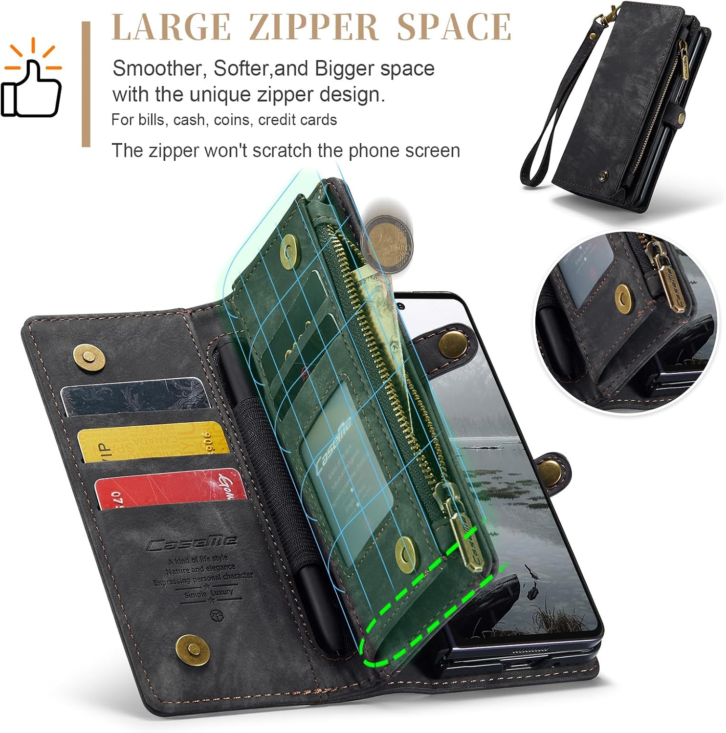 CaseMe Compatible with Samsung Galaxy Z Fold 7 Wallet Case, Magnetic Flip Zipper Pocket Kickstand Cover Premium Durable PU Leather Folio Case with Card Holder Lanyard Strap Wristle (Black, Z Fold 7)
