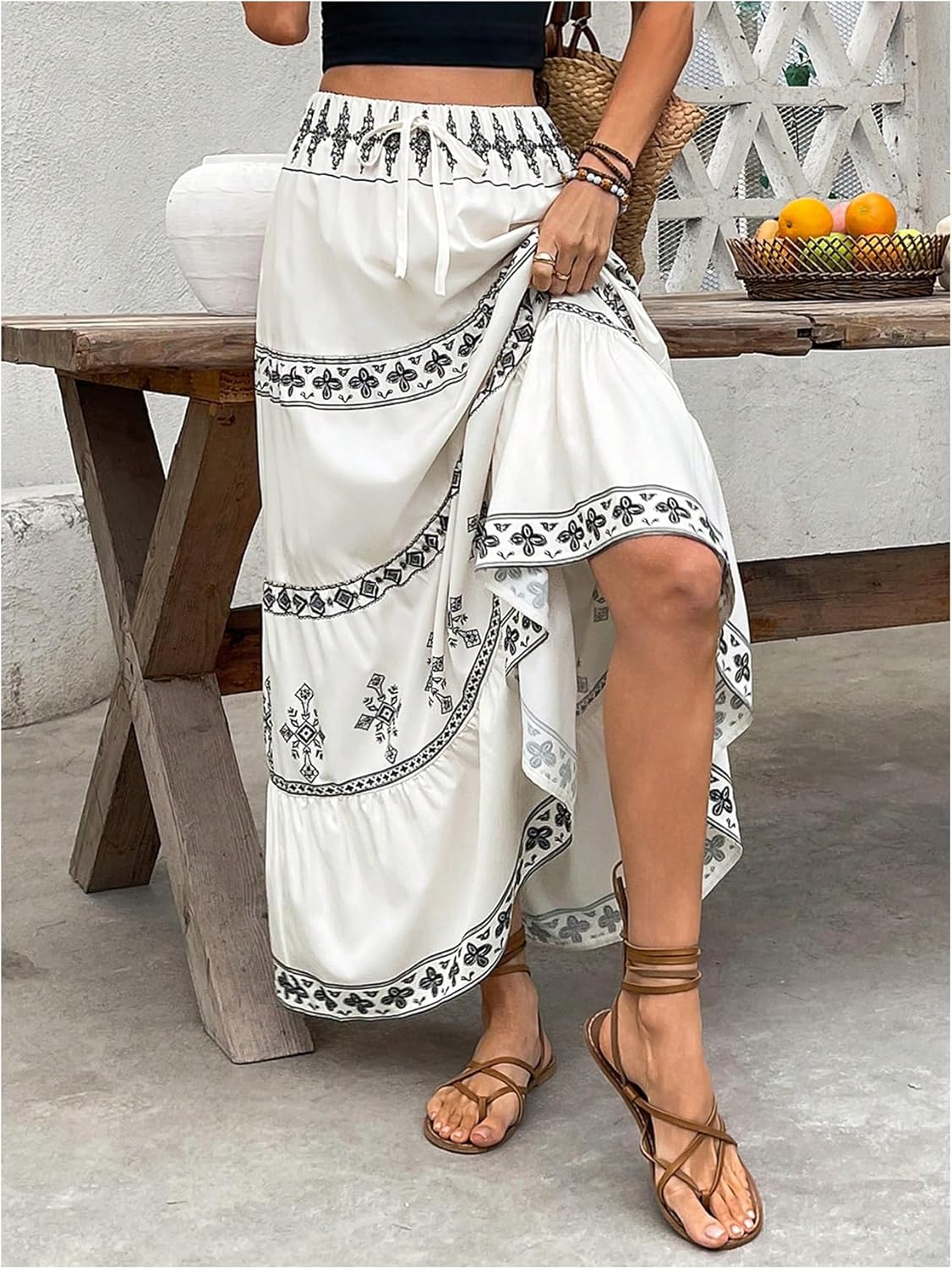 SOLY HUX Women's Boho Maxi Skirt Tie Front High Waisted A Line Ruffle Hem Flowy Long Summer Skirts - Image 4