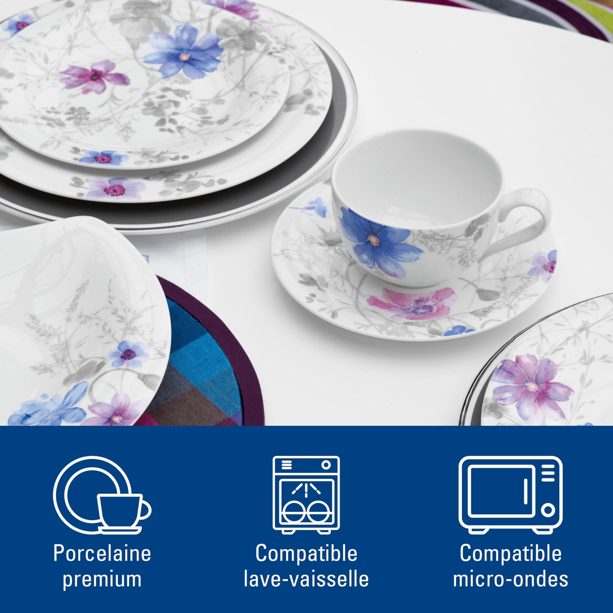 Villeroy & Boch Mariefleur Gris Basic Service à café pour 6 personnes, 18 pièces, Porcelaine Premium, Blanc/Bleu/Gris