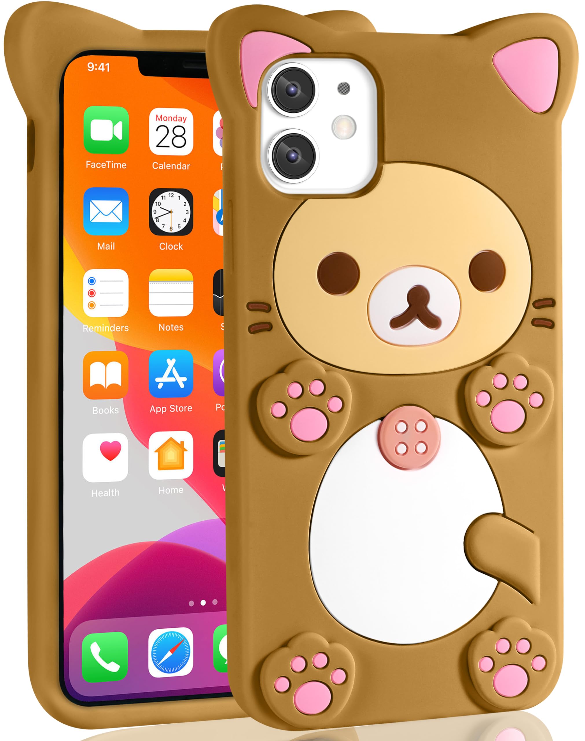 STSNano Kawaii for iPhone 11 Case 6.1'' 3D Cute Cartoon Bear Phone Case Fashion Cool Funny Bear Soft TPU Cases for Apple i Phone 11 Silicone Cover for Women Girls Kids, Brown