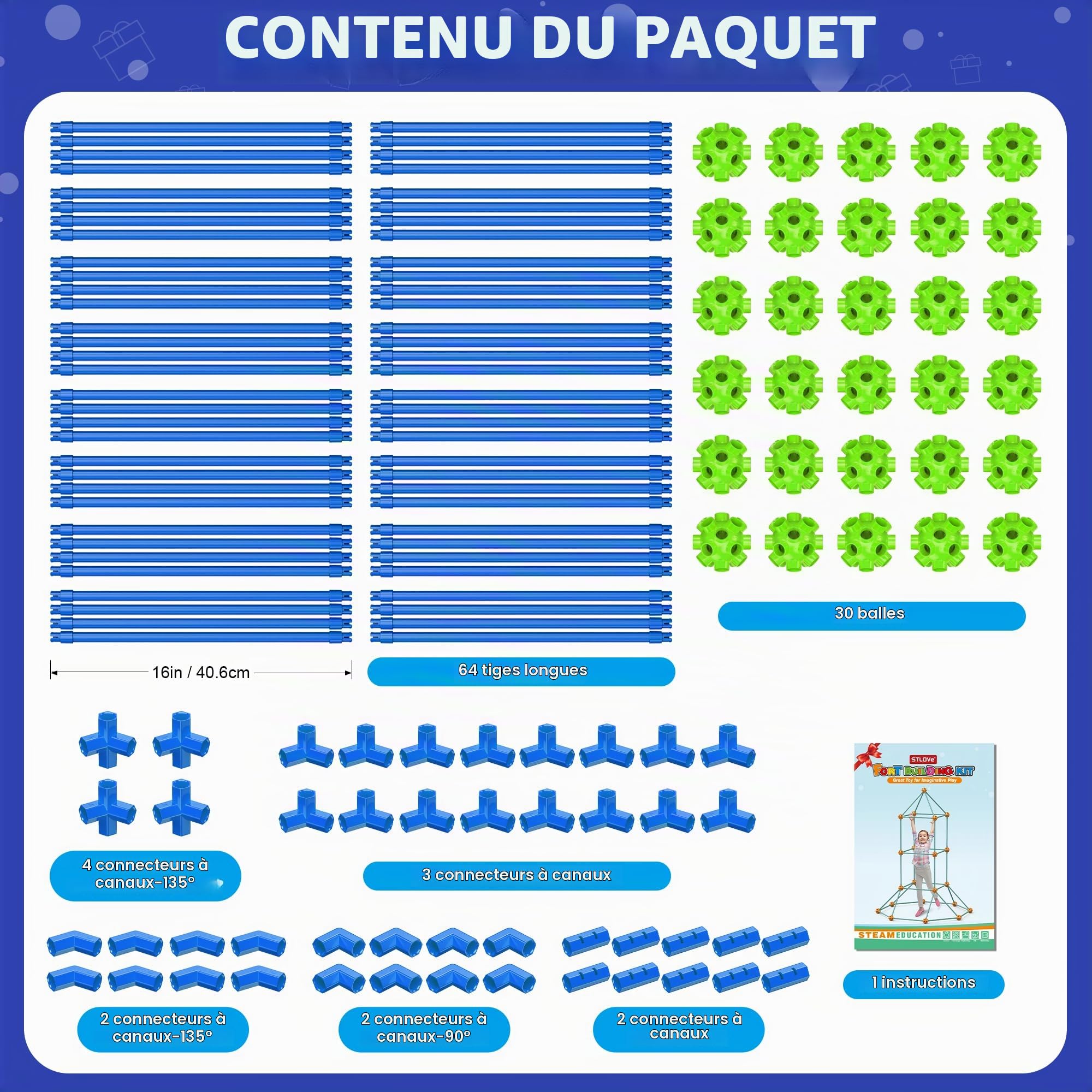Kit de Construction de Fort pour Enfants, 140 PCS Jouet Fort créatif, Bricolage Construction Châteaux Tunnels Jouer Tente, STEM Maison Jouet Intérieur et Extérieur, pour Garçons Fille Âge 4+