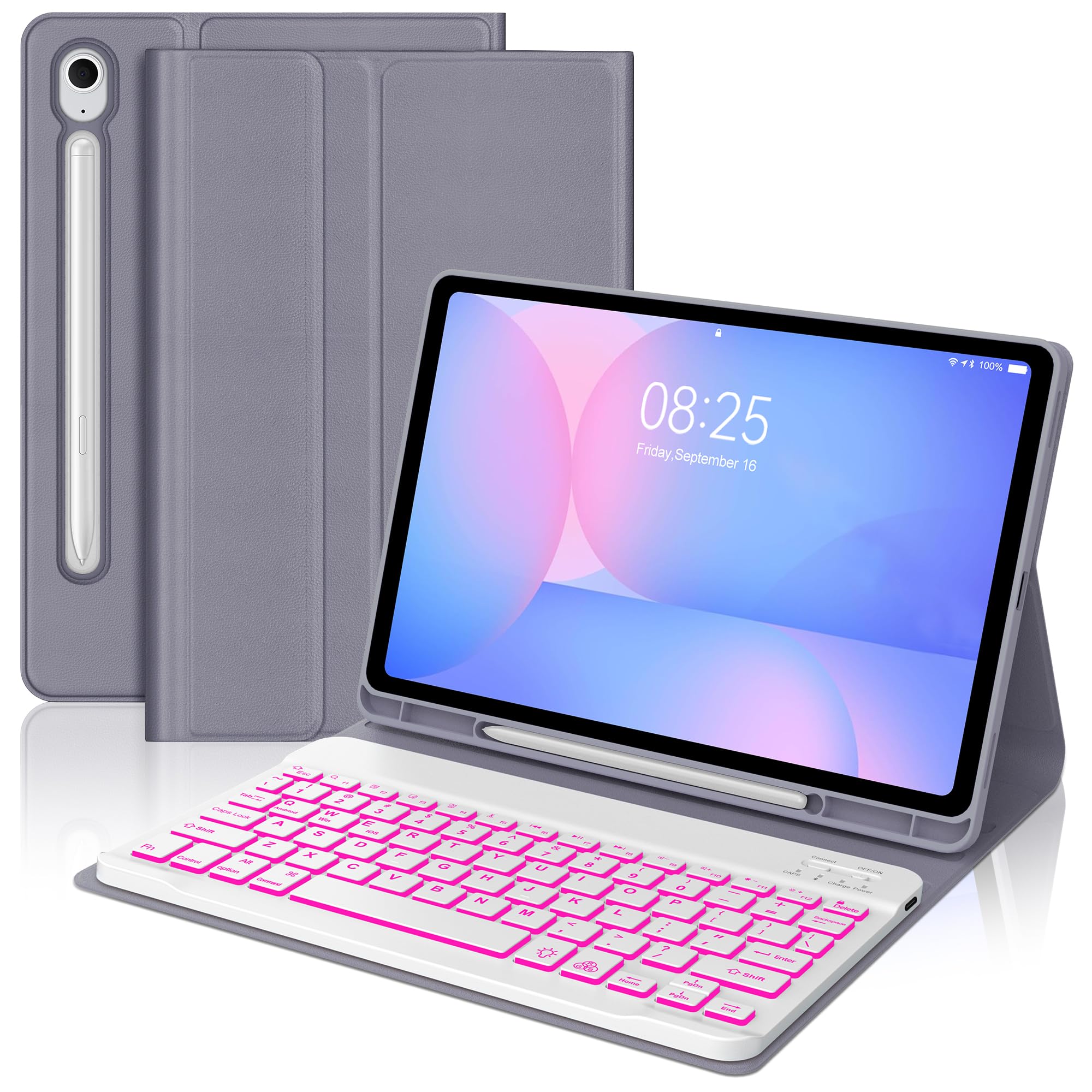 Backlit Keyboard Case for Samsung Galaxy Tab S10 Lite / S10 FE / S9 FE 10.9 Inch & S9 11'' Case with Colors Backlight Keypad, Detachable KeyBoard with Pen Slot for Galaxy Tablet S10Lite 2025, Lavender
