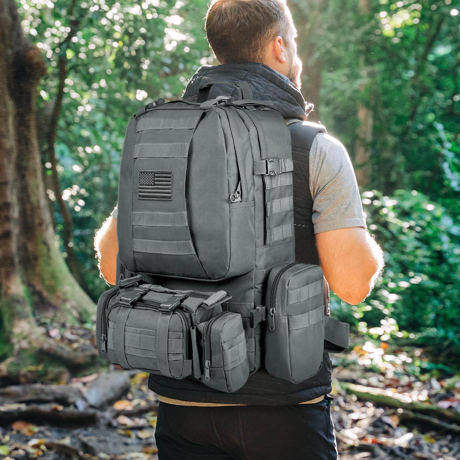 CVLIFE Tactical Backpack Military Army Rucksack 60L Large Assault Pack Detachable Molle Bag, Grey