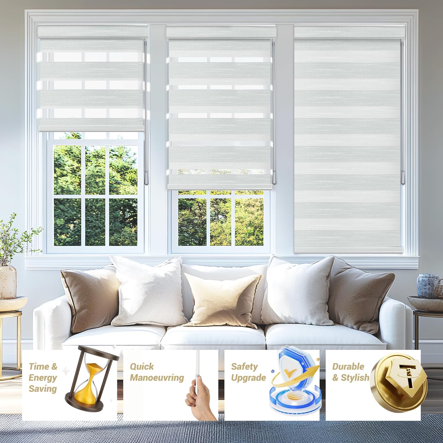 Zebra Blinds for Windows, Easy to Operate-Install,Automatic Descending Function,Blackout-Filtered Light Control,Durable Safe for Office-Home Roller Shades,Silver White,Custom Sizes