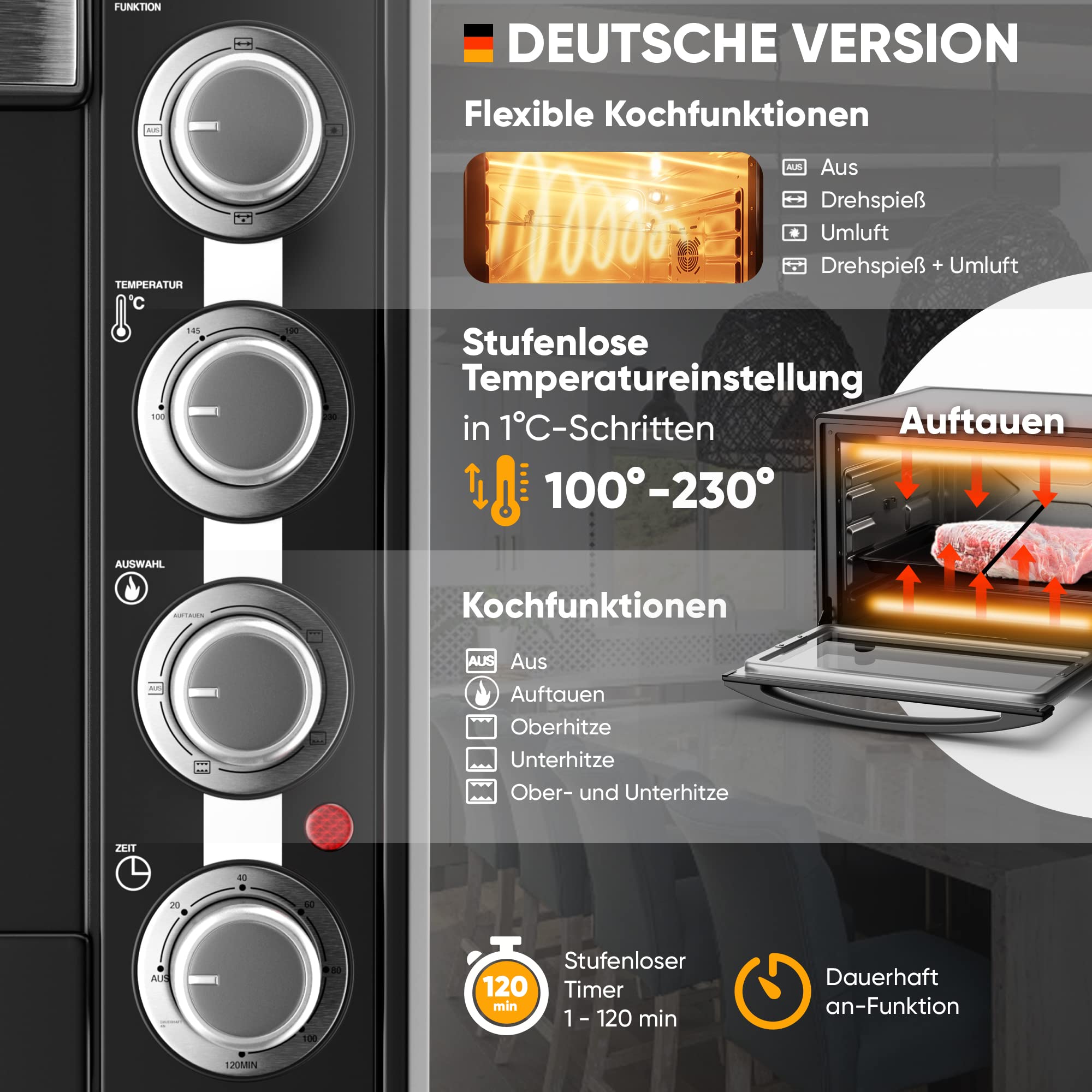 Stillstern Minibackofen mit Umluft 60L (DE Version) Pizza Ø40, CYCLONE PRO+ Antihaftbeschichtung, Auftauen, 2h Timer, Camping Mini Backofen Umluft Pizzaofen Mini Ofen klein Hähnchengrill mit Drehspieß