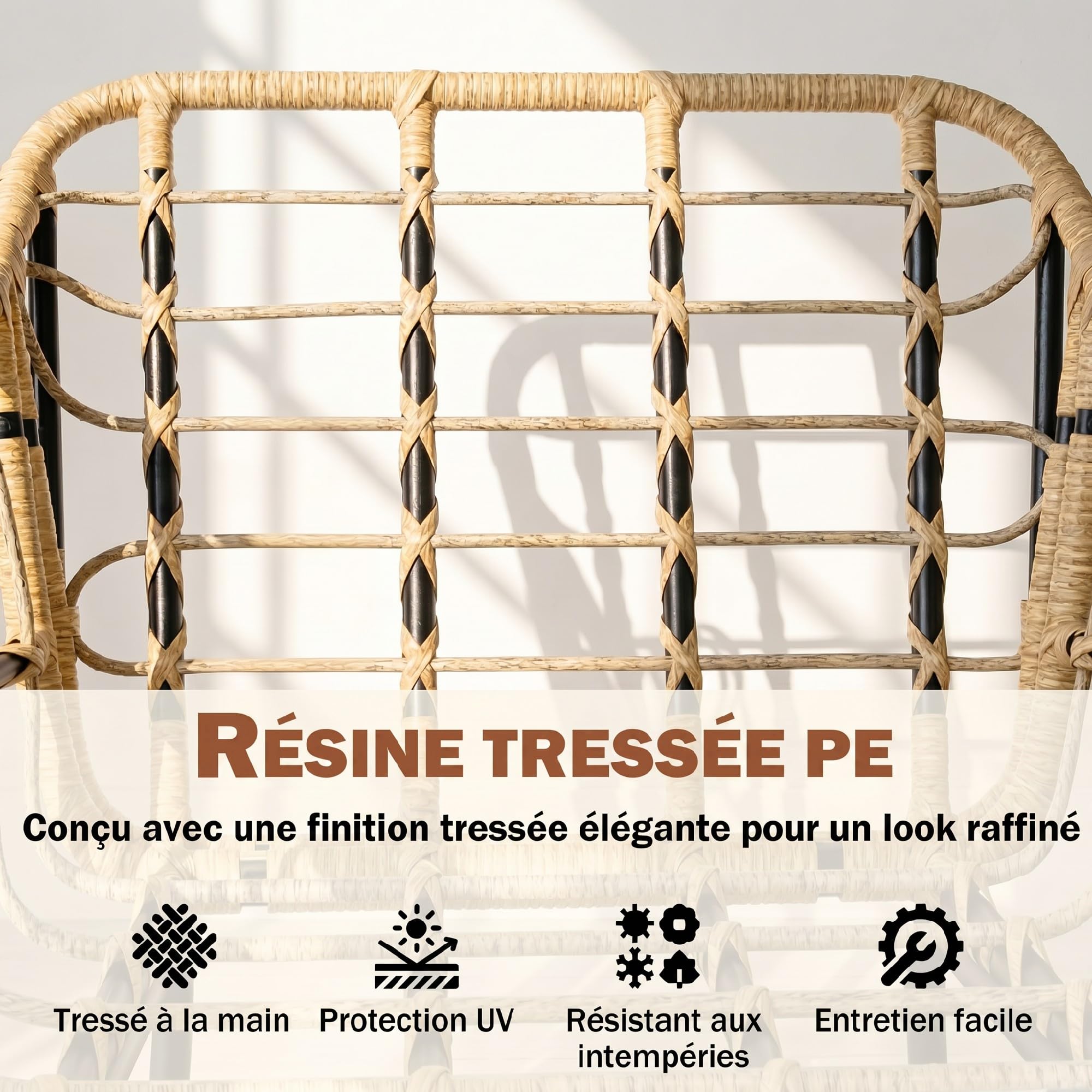 Outsunny Salon de Jardin Extérieur 3 Pièces en Résine Tressée avec 2 Fauteuils et 2 Coussins, Table Basse en Verre Trempé, Mobilier de Jardin pour Terrasse Balcon Patio, Kaki