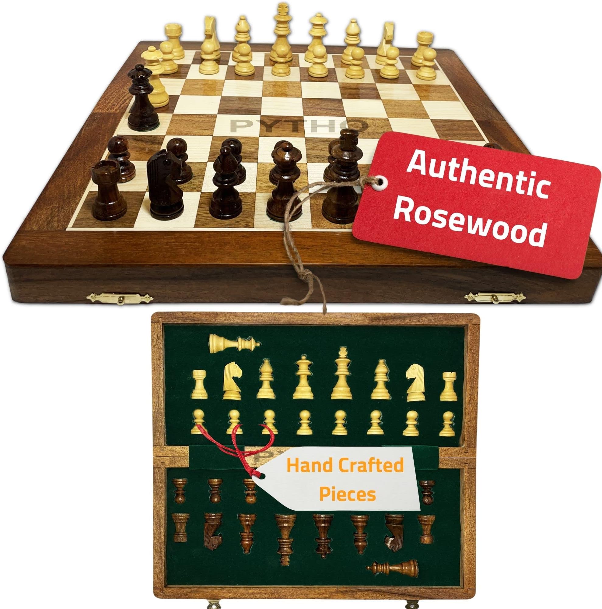 Pytho Handmade Wooden Chess Set with Magnatic Board and Hand Carved Chess Pieces (10 Inches)