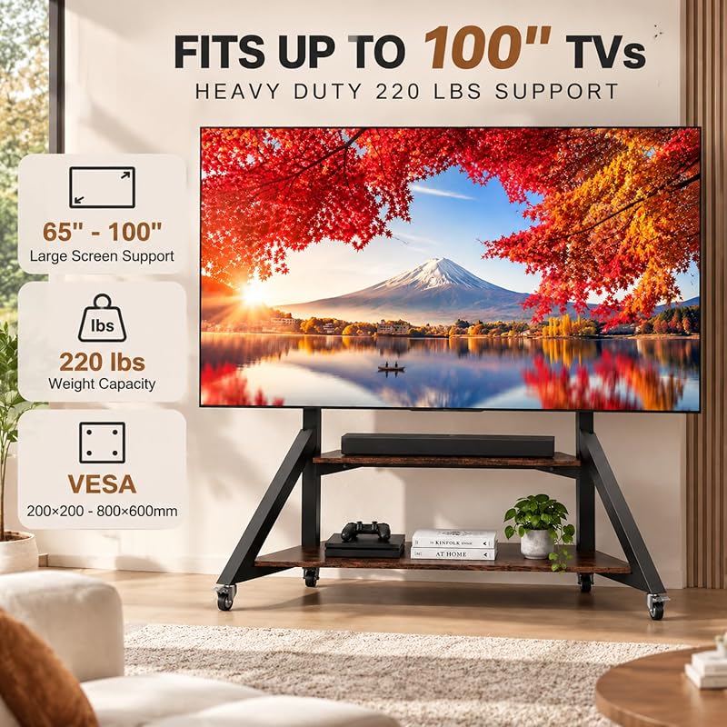 unho Rolling TV Stand for 65-100 Inch TVs, Heavy Duty Mobile TV Cart image 2