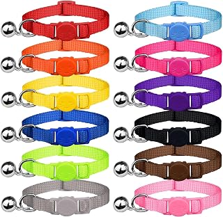 Uteuvili 12-Pack Breakaway Cat Collars with Bells - Colorful Adjustable Safety Buckles for Kittens & Cats (7-11")