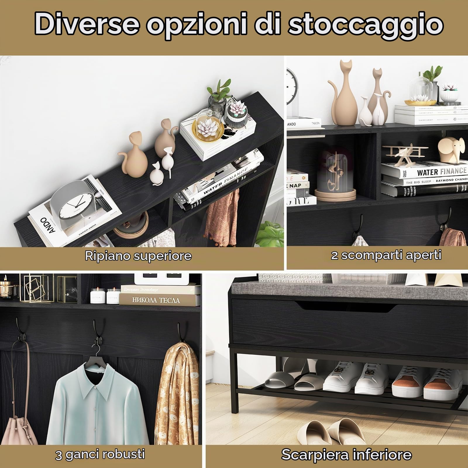 HOMASIS 4 in 1 Stand Appendiabiti da Terra, Mobile Ingresso con Scarpiera, Cassetto, Panca per Scarpe, 2 Scomparti e 3 Ganci, Armadio Aperto da Corridoio, Camera da Letto, 90 x 39 x 170 cm (Nero)