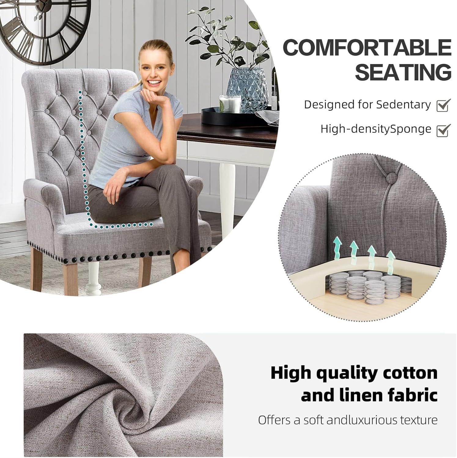 Linen Fabric Dining Chairs with Arms Set of 2,Upholstered Dining Room Chairs with Solid Wood Legs&Nailed Trim,Mid-Century High Back Kitchen Accent Chairs for Dining/Bedroom,Smoke Grey