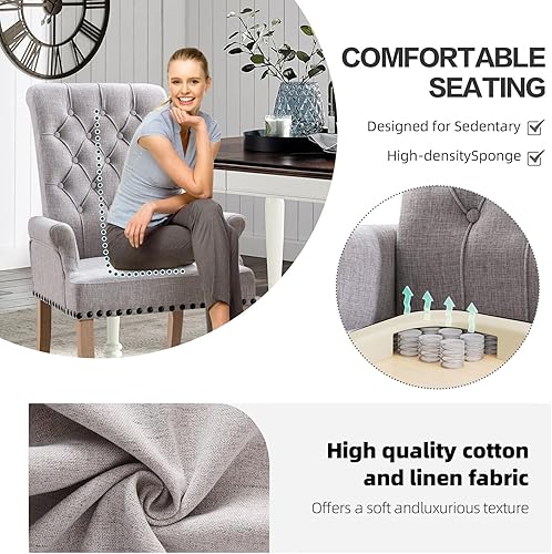 Miniatura 6 de Sillas de comedor con brazos, sillas de comedor tapizadas copetudas, respaldo alto, ribete clavado con patas de madera maciza de roble Untique para