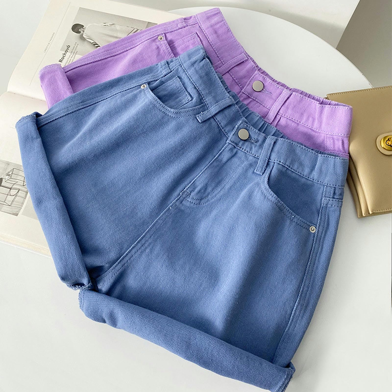 Pantaloncini Donna Shorti di Denim A Gamba Larga per Donne, Pantaloni Esterni A Vita Alta, A-Line, Sciolti, Dritti, Viola