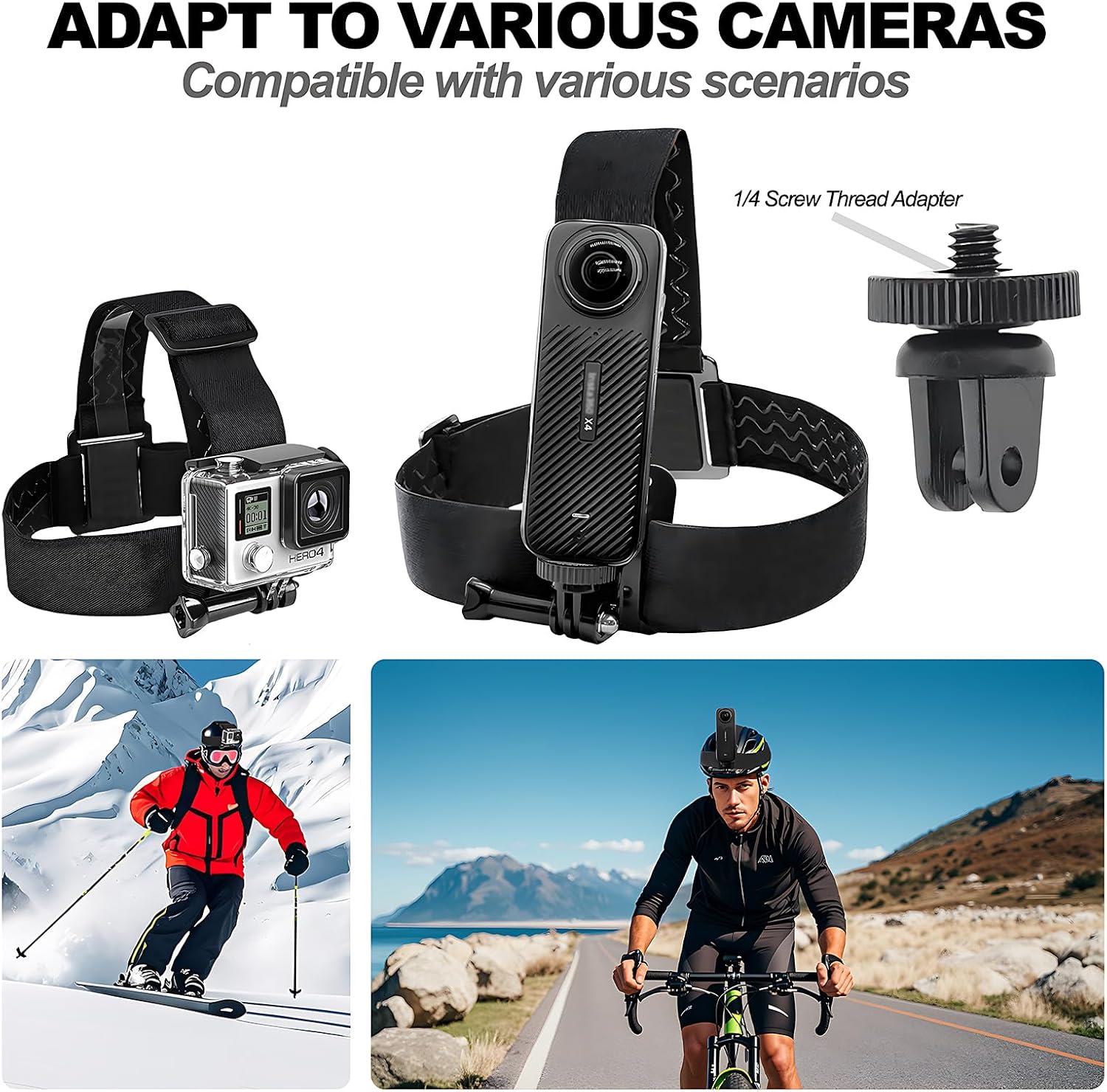 Head Strap Mount for Insta 360 X5 X4 X3 X2 X ACE Pro ONE RS R GO 2 3, Hat Headband Mount Compatible with GoPro Hero 13 12 11 10 9 8 7, Fusion Max, DJI Osmo Action 2 3 4 5 Pro Cameras
