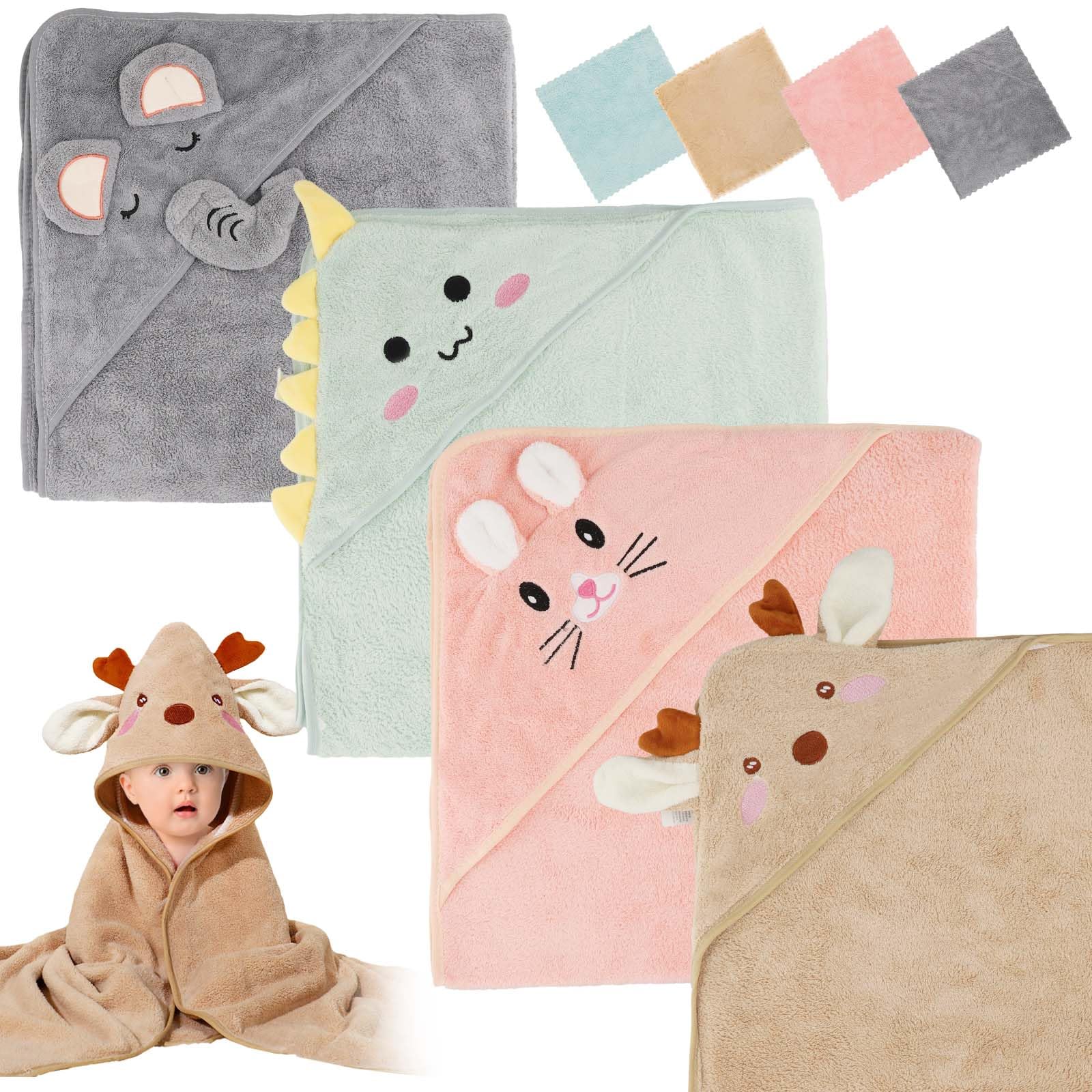 Nexhyp 4PCS Hooded Baby Towels Newborn Set including 4 Washcloths, Ultra Soft Absorbent Baby Towels with Hood & Cute Animals