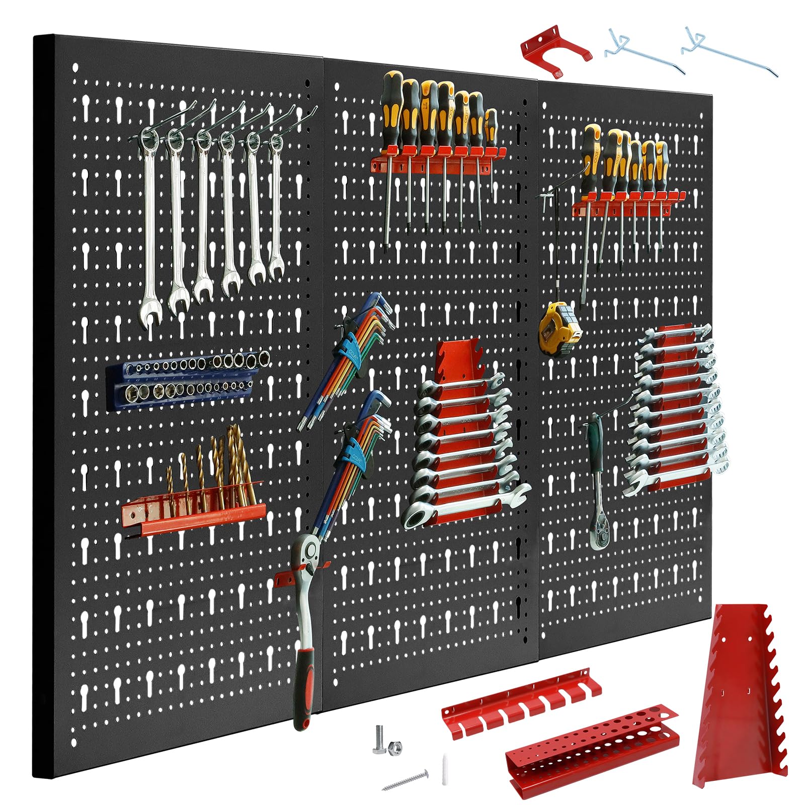 CCLIFE Estantería de bricolaje para pared para herramientas 3 piezas con 25 Soportes Panel perforado para Taller 120 x 60 x 2 cm