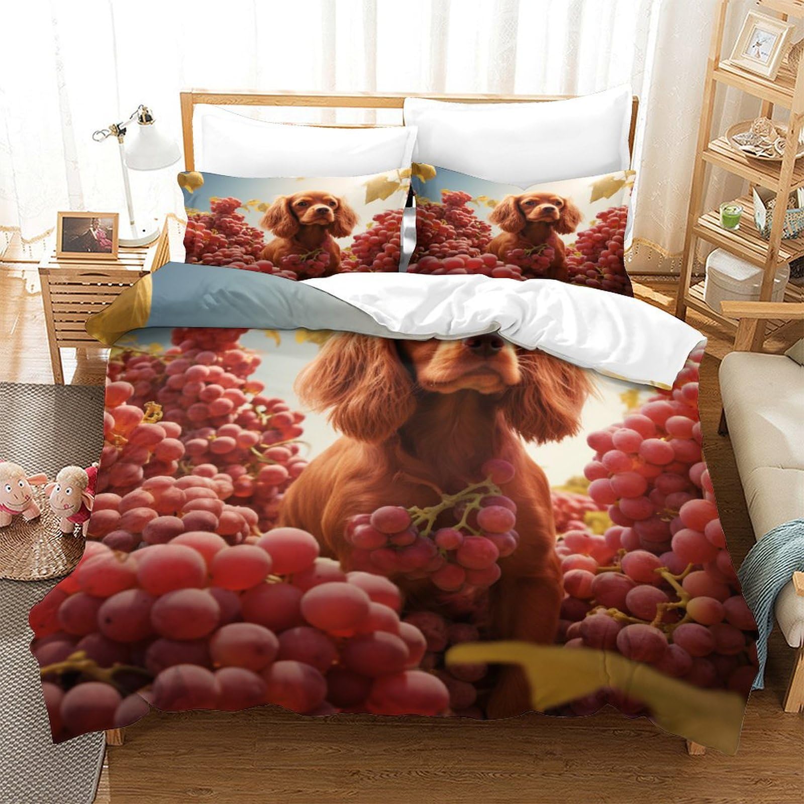 P1S9U7W5Y Adorable Pet Style 3D Printed Dog Grapes Duvet Cover Set 3 Pieces Microfiber Bedding Set for Adults Teenagers Bedroom Decor Double（200x200cm）