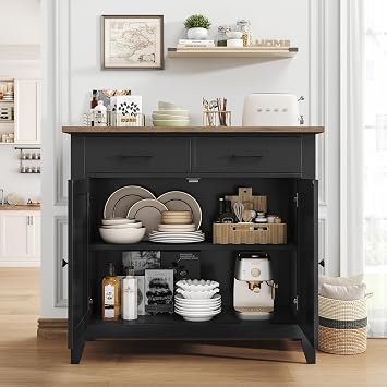 HOCSOK 91cm Sideboard with 2 Drawers & 2 Doors, Modern Buffet Cabinet | Kitchen Storage Cabinet, Hallway Cupboard for Dining Room & Living Room, Easy Assembly, Sturdy MDF, Black