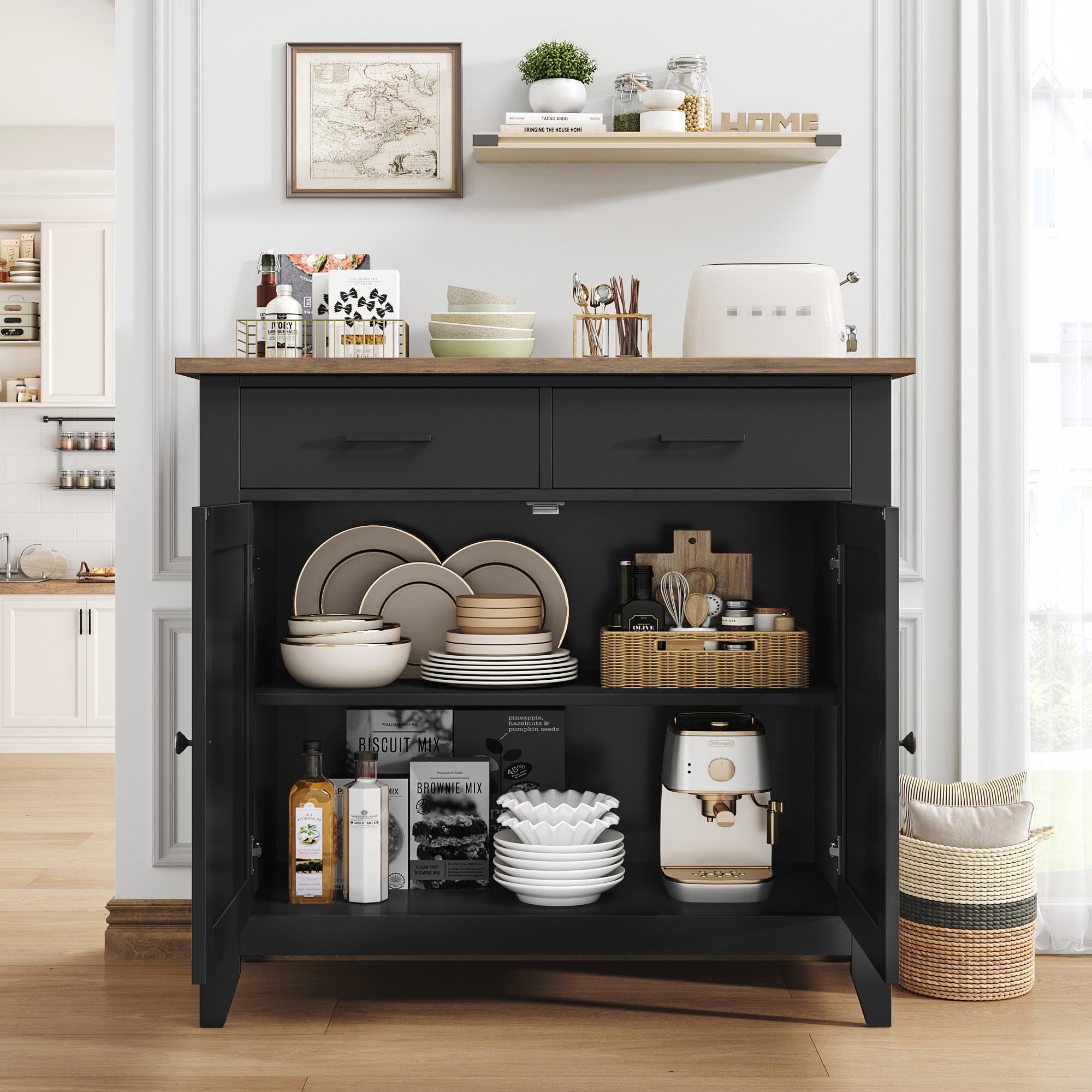 HOCSOK Credenza Buffet, Mobile da Cucina con 2 Armadi e 2 Cassetti, Armadio di Stoccaggio in Legno, Stile Farmhouse, per Soggiorno Sala da Pranzo, Ingresso, Nero, 82x40x91cm
