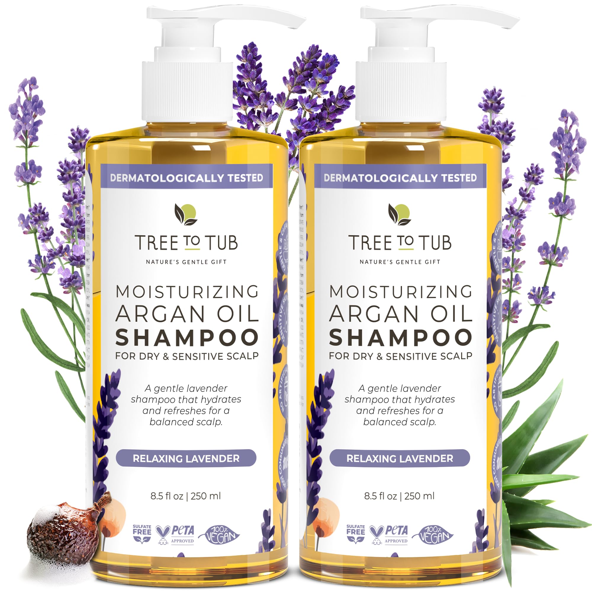 Tree to Tub Lavender Dry Hair Shampoo for Sensitive Scalp - Gentle Hydrating Dry Scalp Shampoo for Men and Women, Moisturising Sulphate-Free Shampoo with Organic Argan Oil, Chamomile, All Aloe Vera