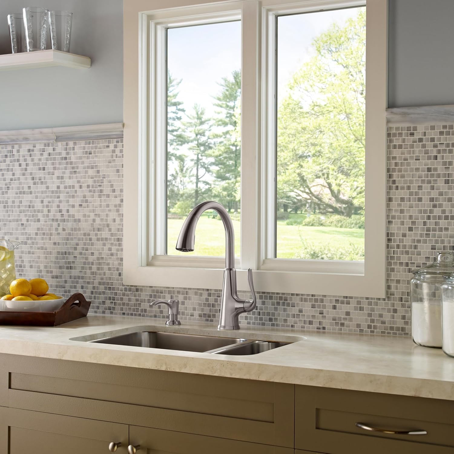 Pfister Pasadena Kitchen Faucet with Pull Down Sprayer and Soap Dispenser, Single Handle, High Arc, NSF Certified, Stainless Steel Finish, F5297PDS