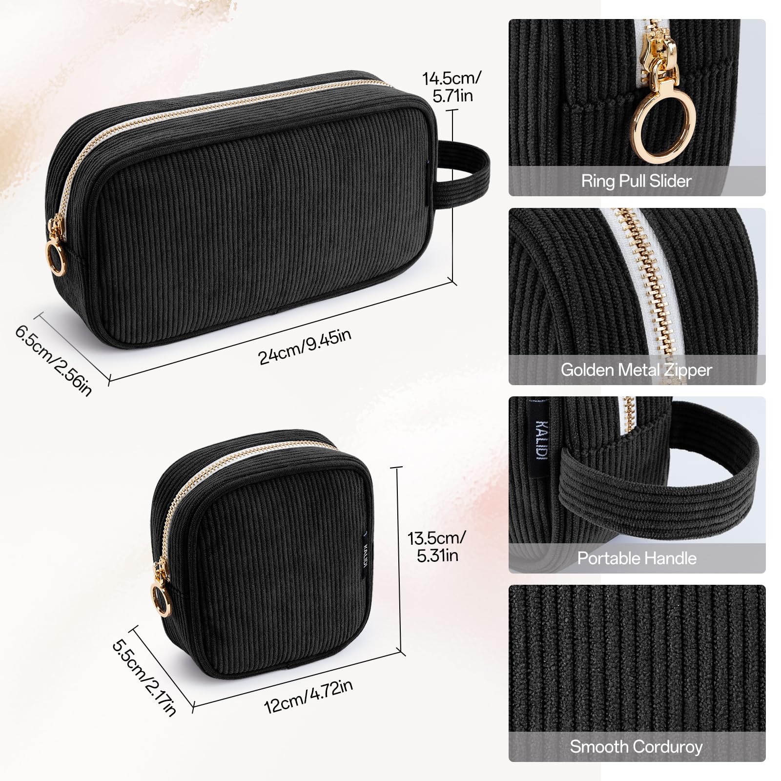 KALIDI Makeup Travel Bag for Women Corduroy Make Up Pouch with Metal Ring Zipper Portable Cosmetic Organizer Toiletry Make-up Bag for Handbags - Image 2