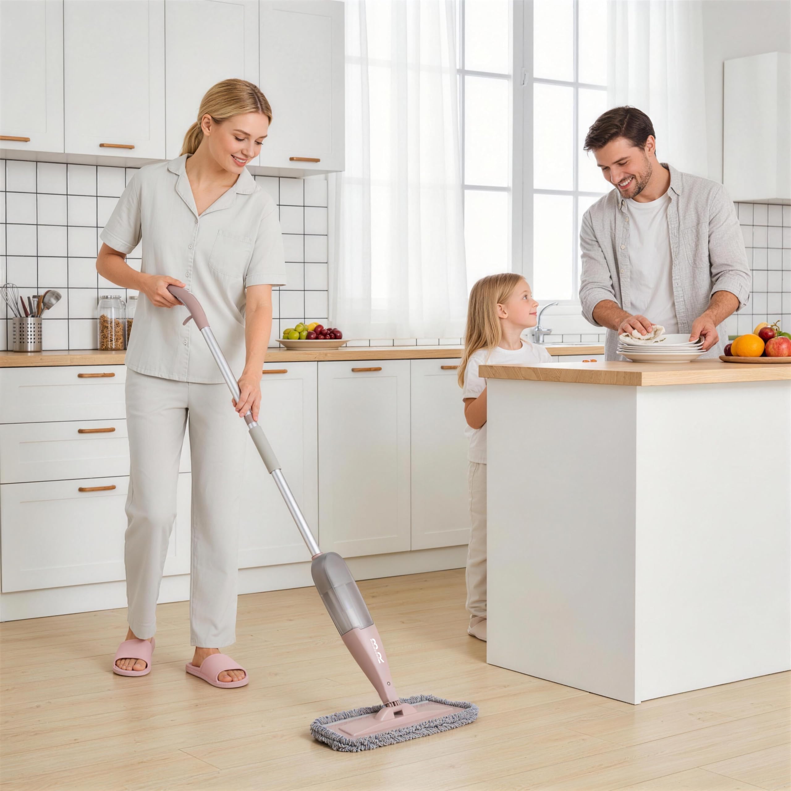 Mocio Lavapavimenti a Spruzzo Spray Floor Mop Mocio Lavapavimenti con Bottiglia Ricaricabile da 800ML e 4 Panni Lavabili per la Pulizia di legno, Laminato, Legno, Ceramica Pavimenti