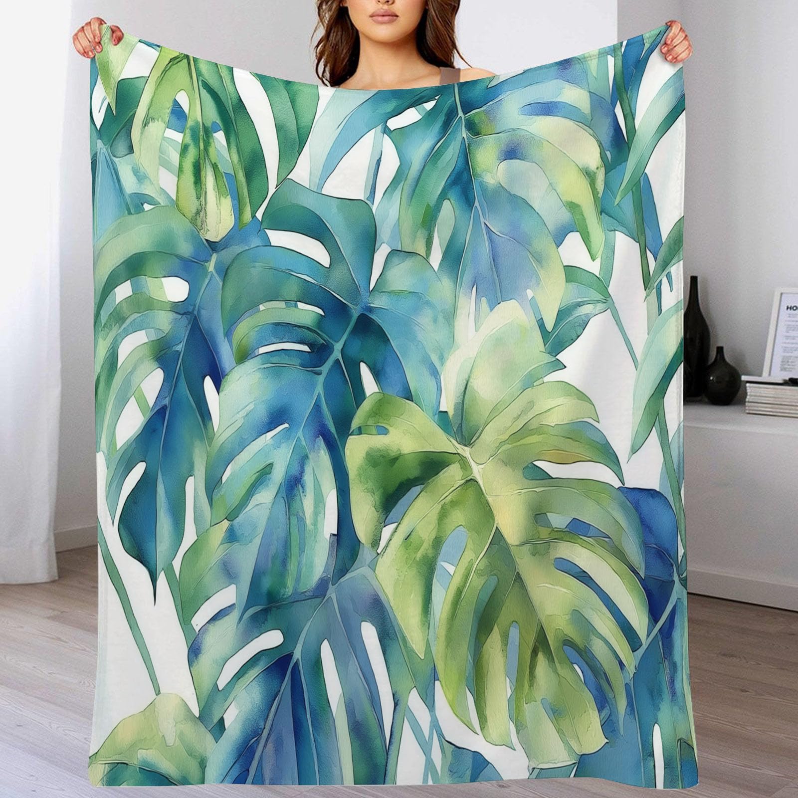 Manta Acuarela Plantas Tropicales Franela Suave 220x240 cm - Manta Verde Polar Caliente Estampado Jungla Hojas De Monstera, para niñas niños Adultos Mantas de sofá de Viaje
