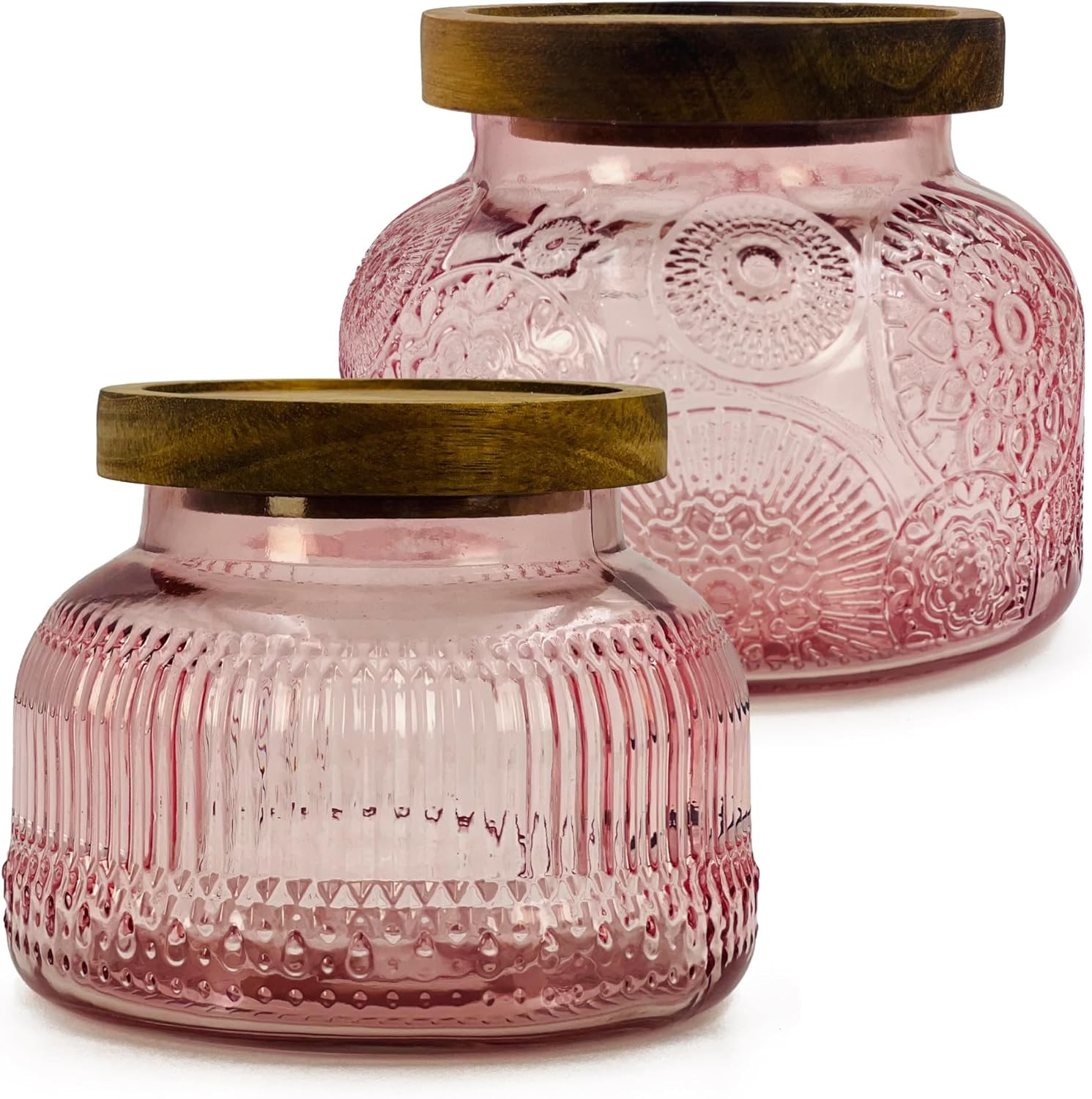 Decorative Pink Glass Jar with Airtight Wooden Lid 25.4 oz 2 pc, Wide Mouth Vintage Kitchen Food Storage Containers for Cookie Candy Honey Flour Spice Coffee Tea, Home Decor Sand Candle Holder Vase