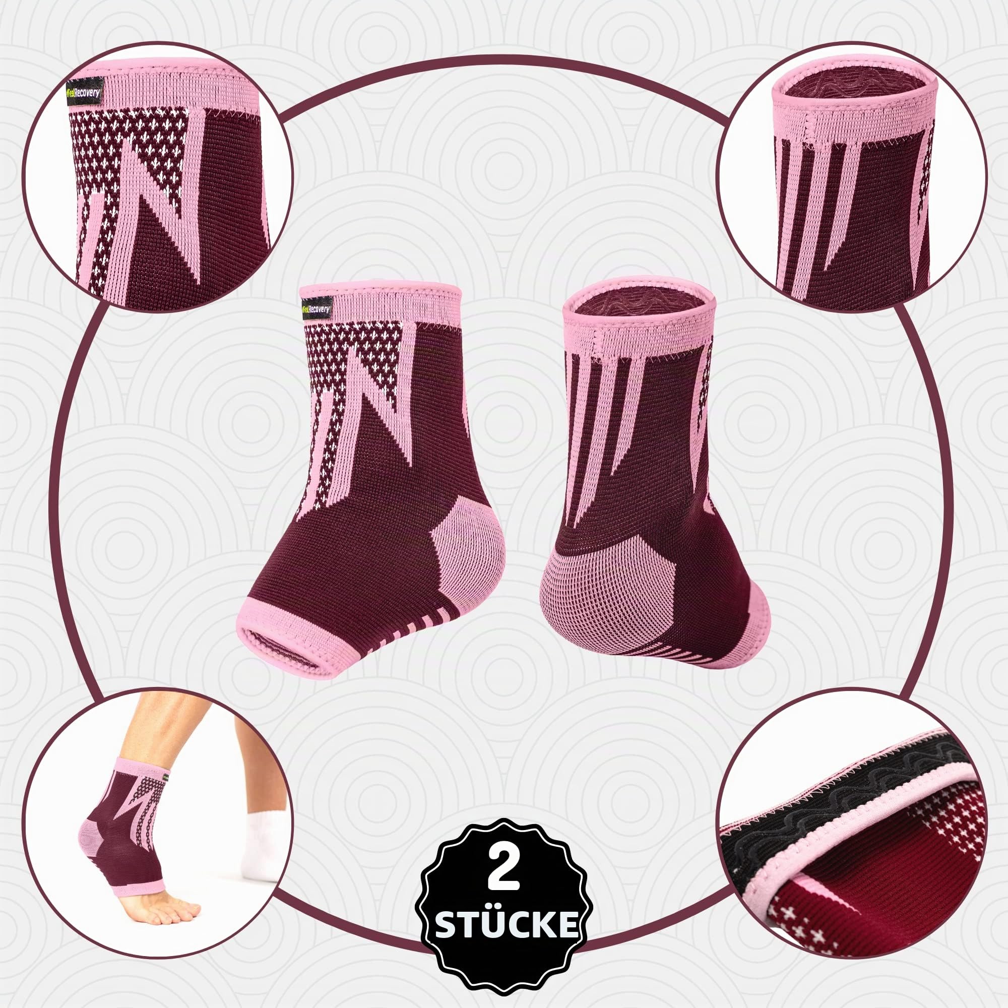 2 Stück Fußbandage für Herren & Damen - Knöchelbandage Sport für Laufen, Fußball, Joggen - Sprunggelenkbandage für Achillessehne, Bänderriss, Plantarfasziitis - Atmungsaktiv & Rutschfest XL, Bordeaux