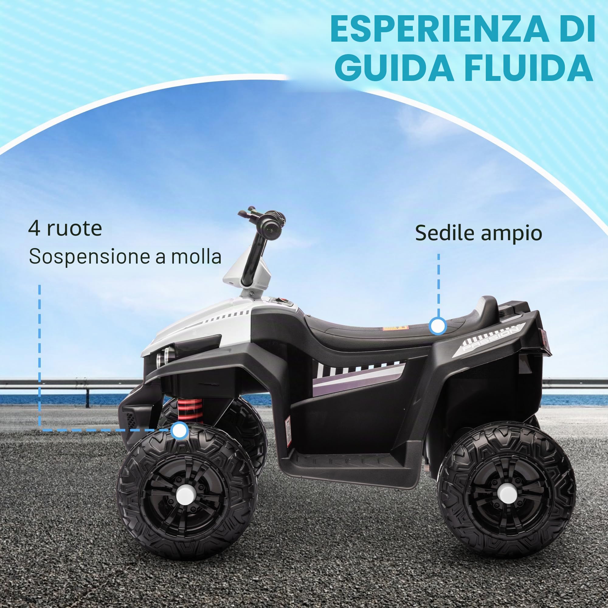 AIYAPLAY Quad elettrico per bambini, 12 V, con sospensioni a 4 ruote, lettore musicale MP3, veicolo per bambini con fari, marcia avanti e indietro, per bambini da 3 a 5 anni, 5 km/h, metallo, bianco