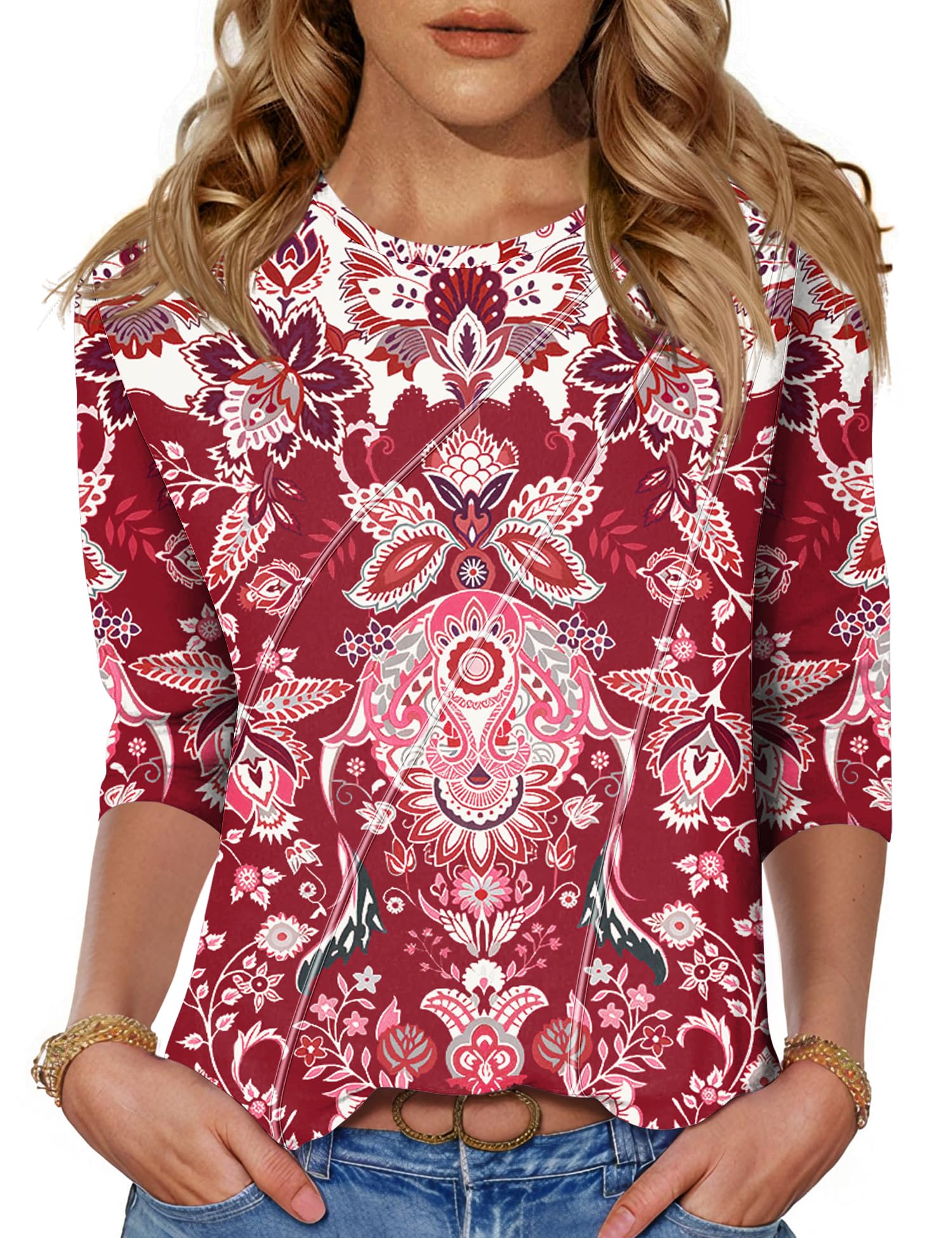 Kistore 3/4 Length Sleeve Shirts for Womens Pleated Summer Tops 2025 Fasion Trendy Spring Blouses — view 7