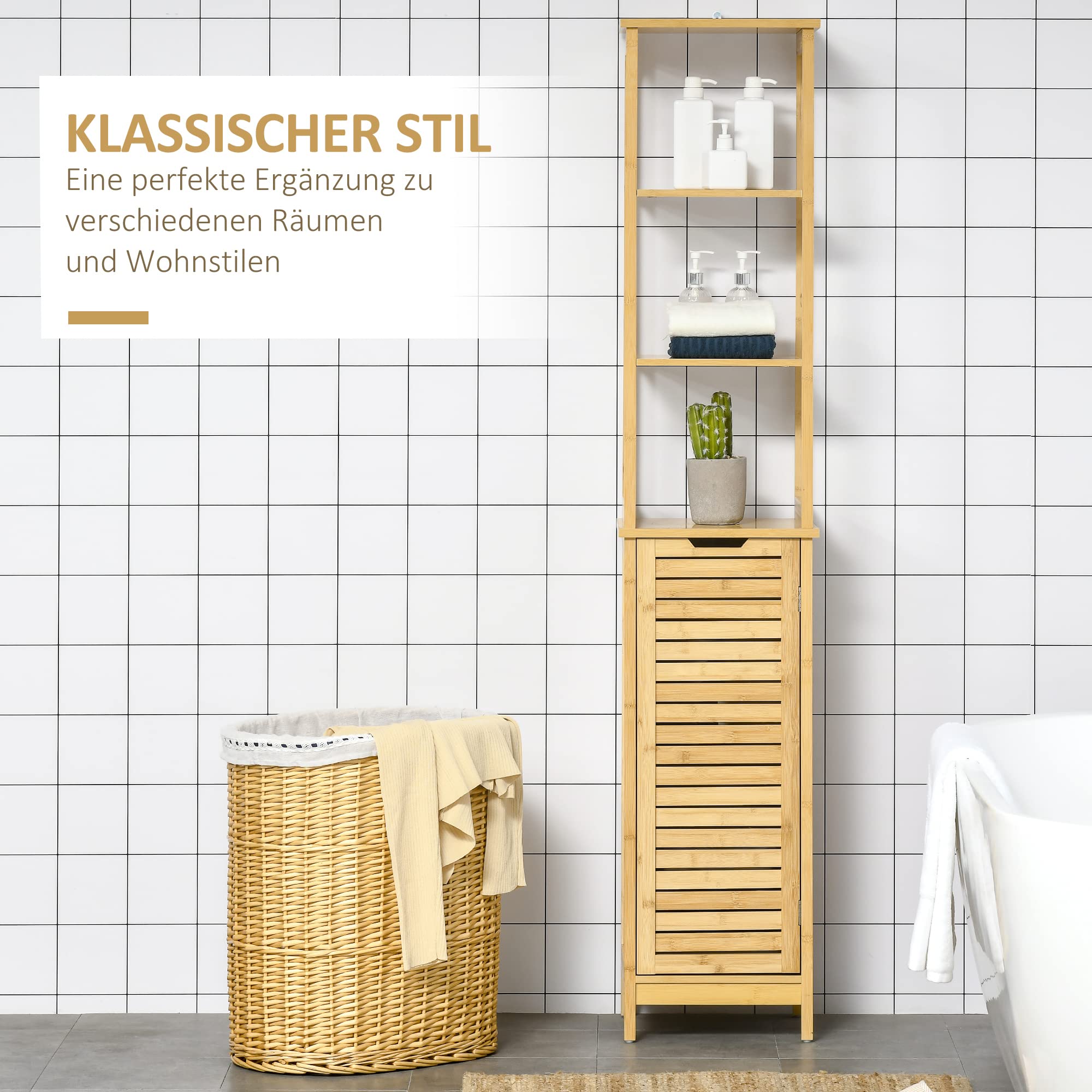 kleankin Badezimmerschrank Badschrank 3 Offene Fächer 34x30x173 cm Natur