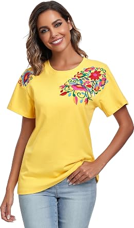 YZXDORWJ Mexican Shirts for Women Traditional Embroidered Tunics Womens Summer Floral Short Sleeve T Shirts
