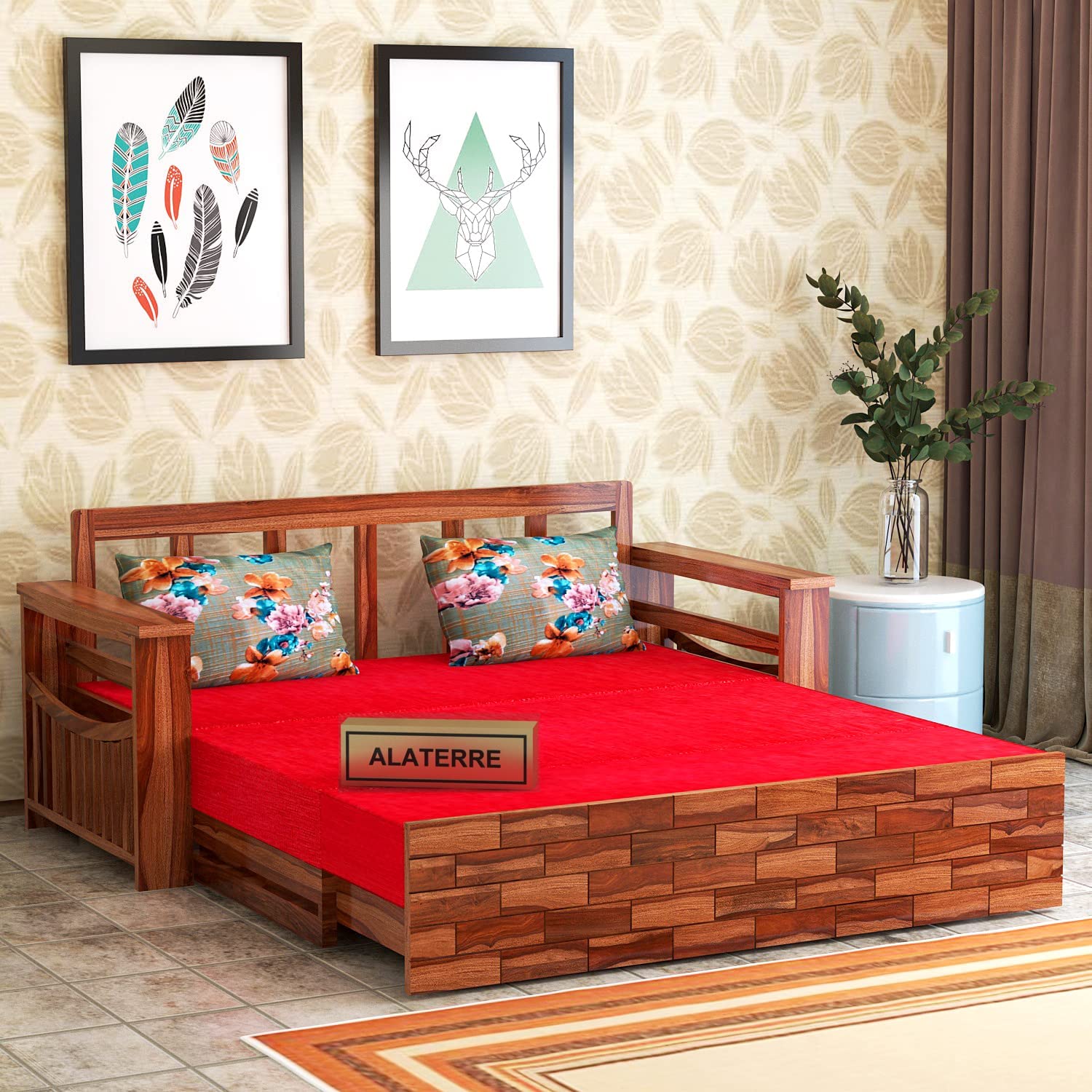 ALATERRE HOME FURNITURE Wooden Sofa Cum Bed for Living Room | Sofa Cum Bed for Home | Sheesham Wood Sofa Cum Bed with Storage | Without Pillow | Hall Sofa Cum Bed 3 Seater | Honey Finish