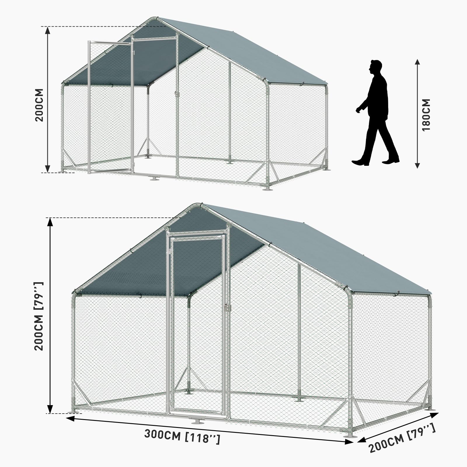 Aoxun Hühnerstall, 3x2x2 m freilaufgehege hühner, 6 m² Großes Hühnergehege mit Wasserdichtetem PE, verzinktem Stahl Kleintiergehege für Hühner Ente Kaninchen