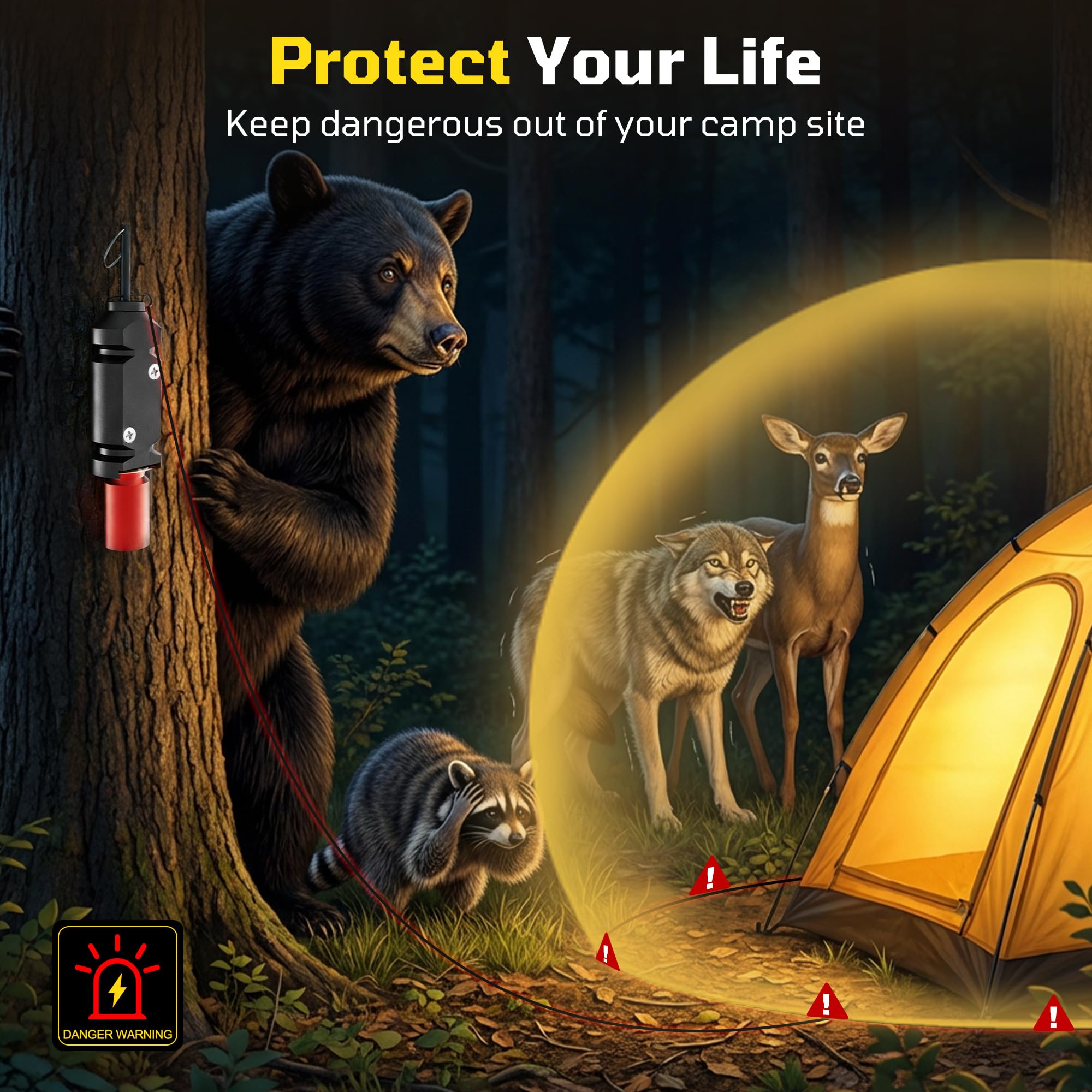 Paquete de 2 alarmas de viaje, alarma de viaje perimetral, dispositivo de alarma de alambre de viaje de camping de calibre 12, sistema de alerta temprana para seguridad de camping y al aire