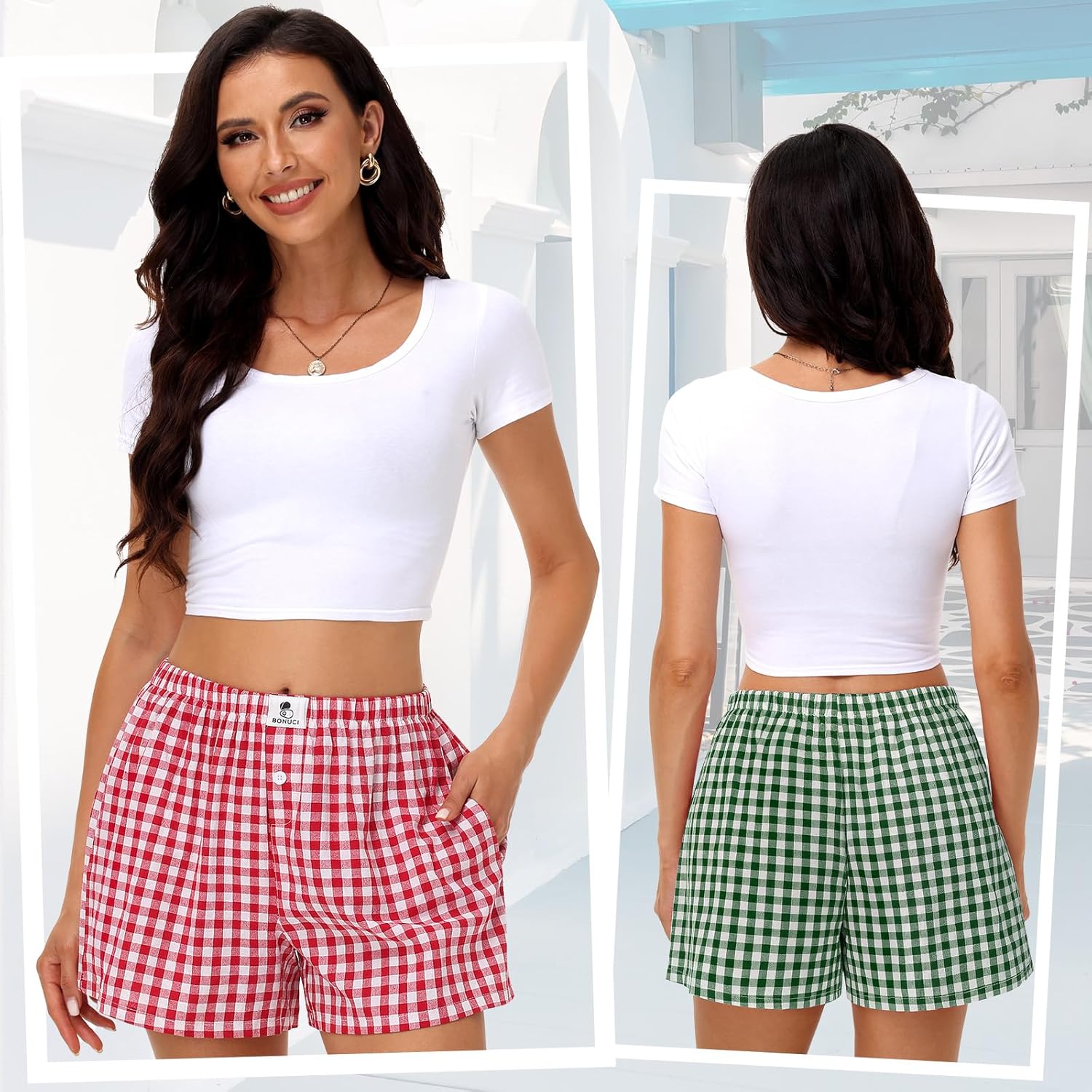 Bonuci 3 Pack Women Boxer Shorts Y2k Cute Cotton Gingham Pajama 2025 Summer Casual Lounge Sleep Bottoms with Pockets - Image 2