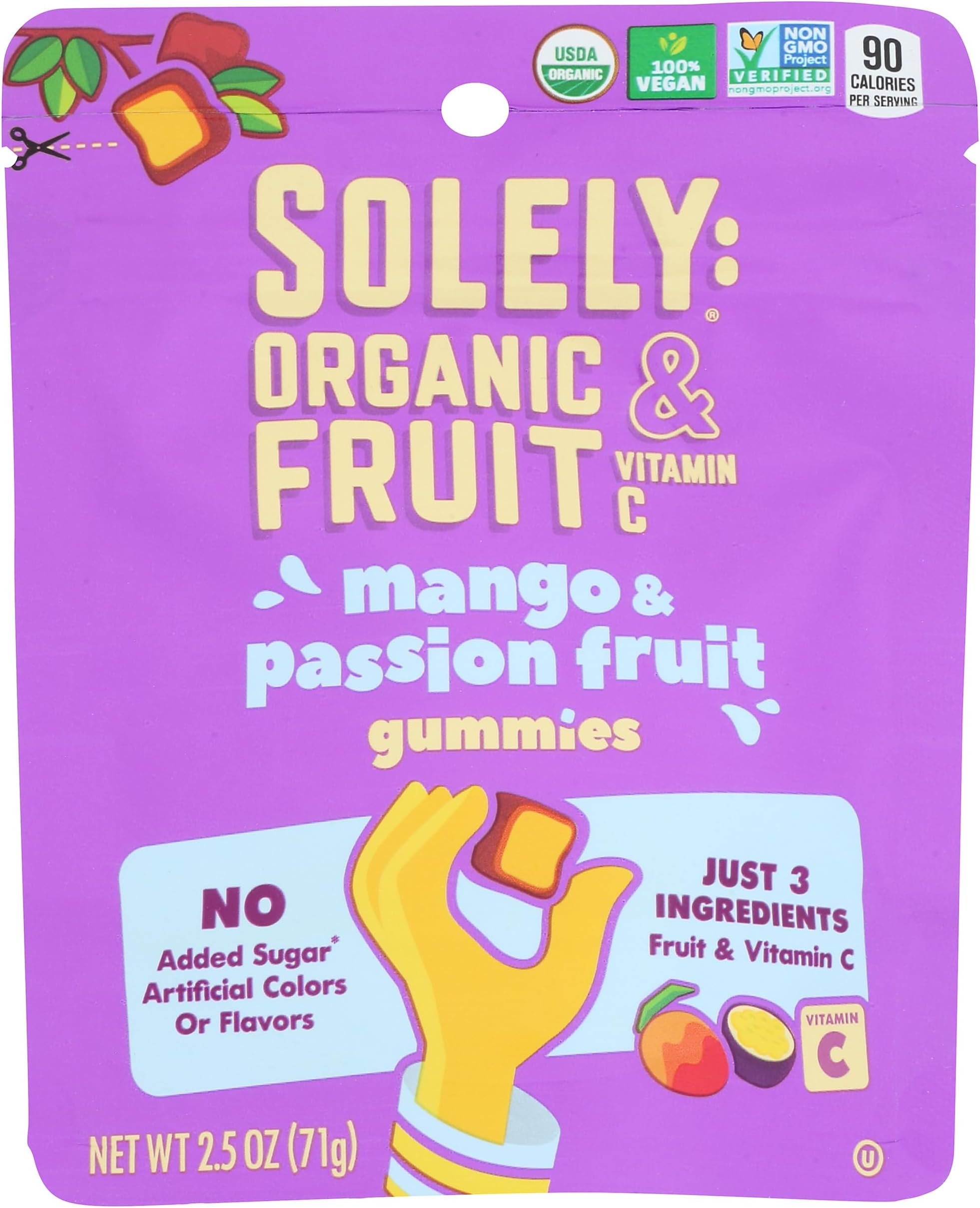 SOLELY Organic Mango & Passion Fruit Whole Fruit Gummies (1 Resealable Bag, 2.5