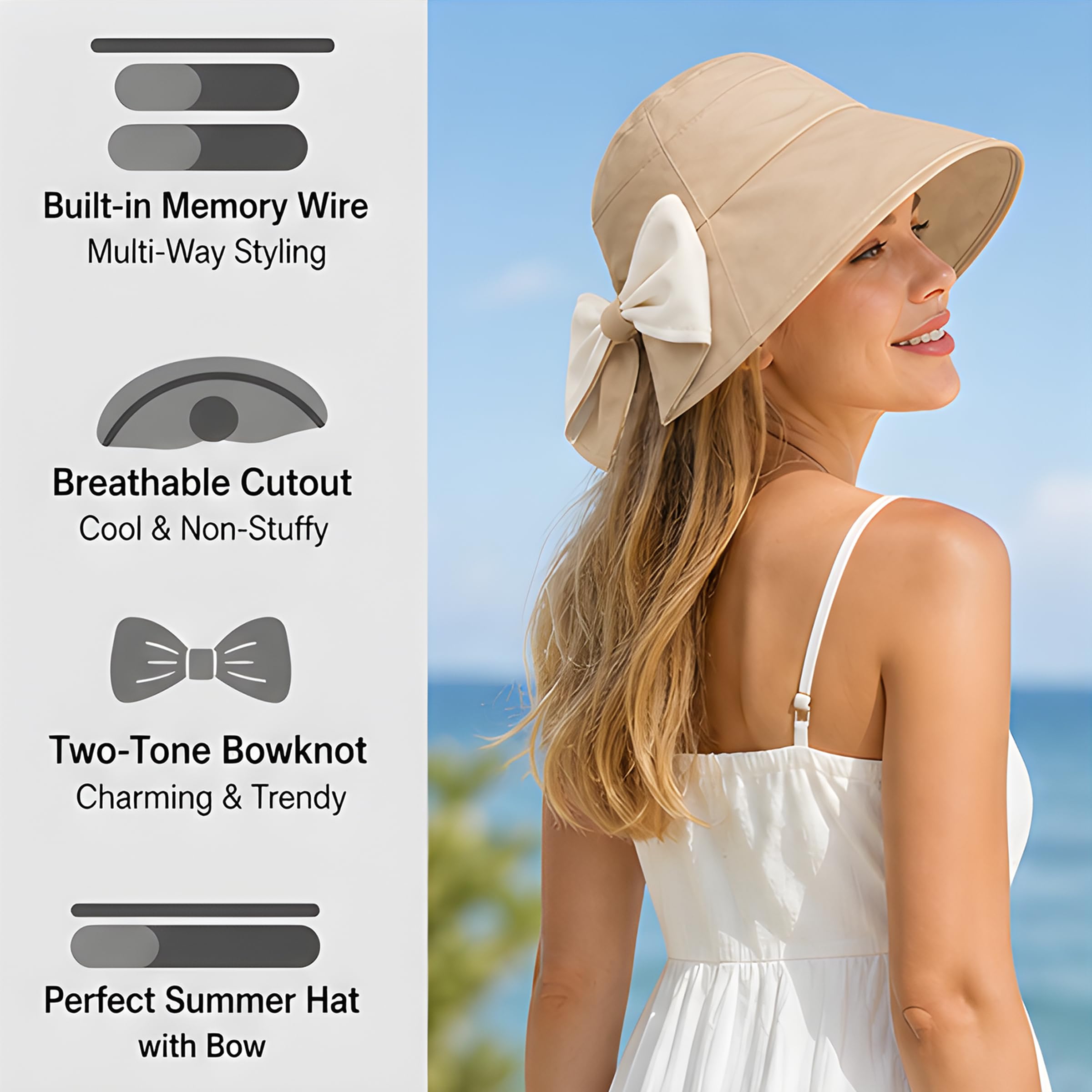Cappello da donna con fiocco a tesa larga, protezione solare a 360° dai raggi UV e dal sole, cappello pieghevole a coda di cavallo, regolabile, ripiegabile, capanna estiva da spiaggia con