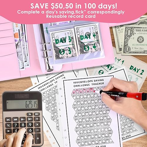 Miniatura 4 de Rewgey Carpeta de desafíos de ahorro de 100 sobres con marcador borrable, carpeta de desafíos de ahorro de dinero de 100 días con sobres de