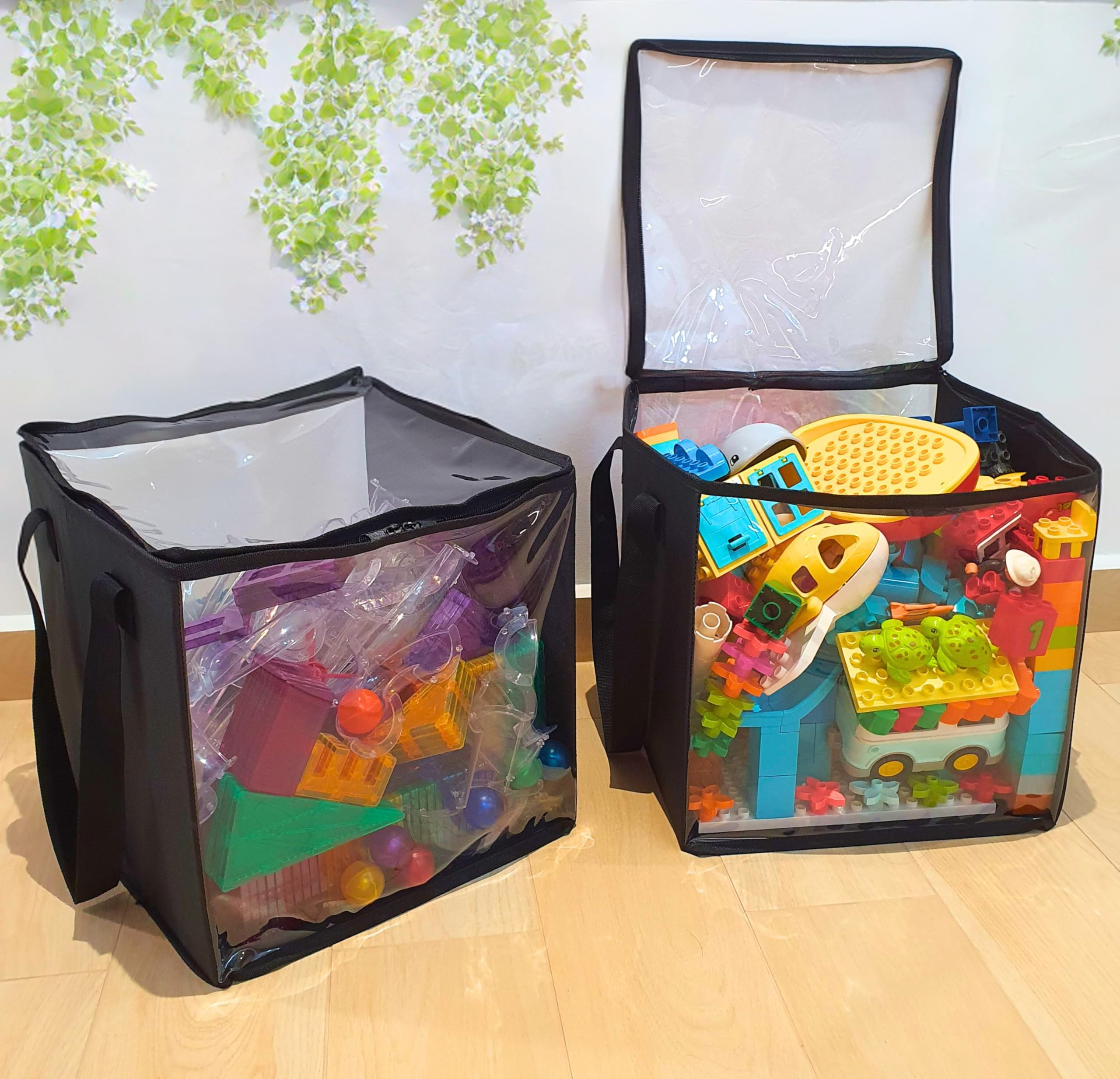 SAM AND MABEL Clear Vinyl Zippered Storage Bags – 2 Pack 27L with Transparent Top and Sides - Durable and Sturdy Multipurpose Storage for Toys, Clothes, Deco and Much More (Black)