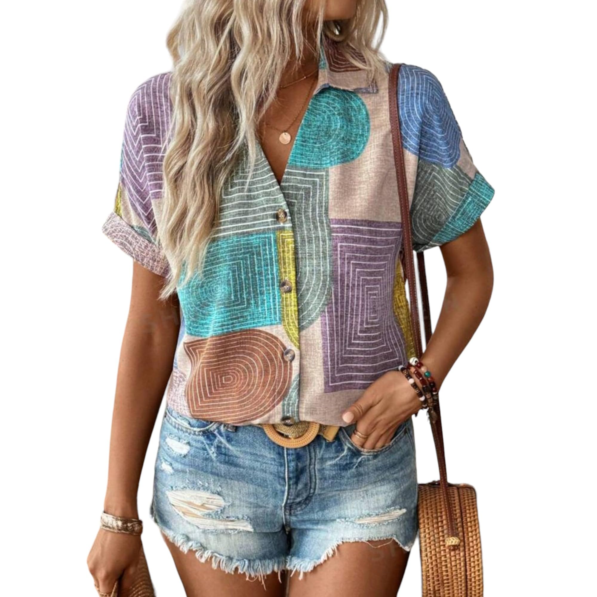 Women's Colorful Abstract Geometric Print Shirt, Half Sleeve, Collar Neck, Casual Button-Up Top, Rayon Fabric-image-19