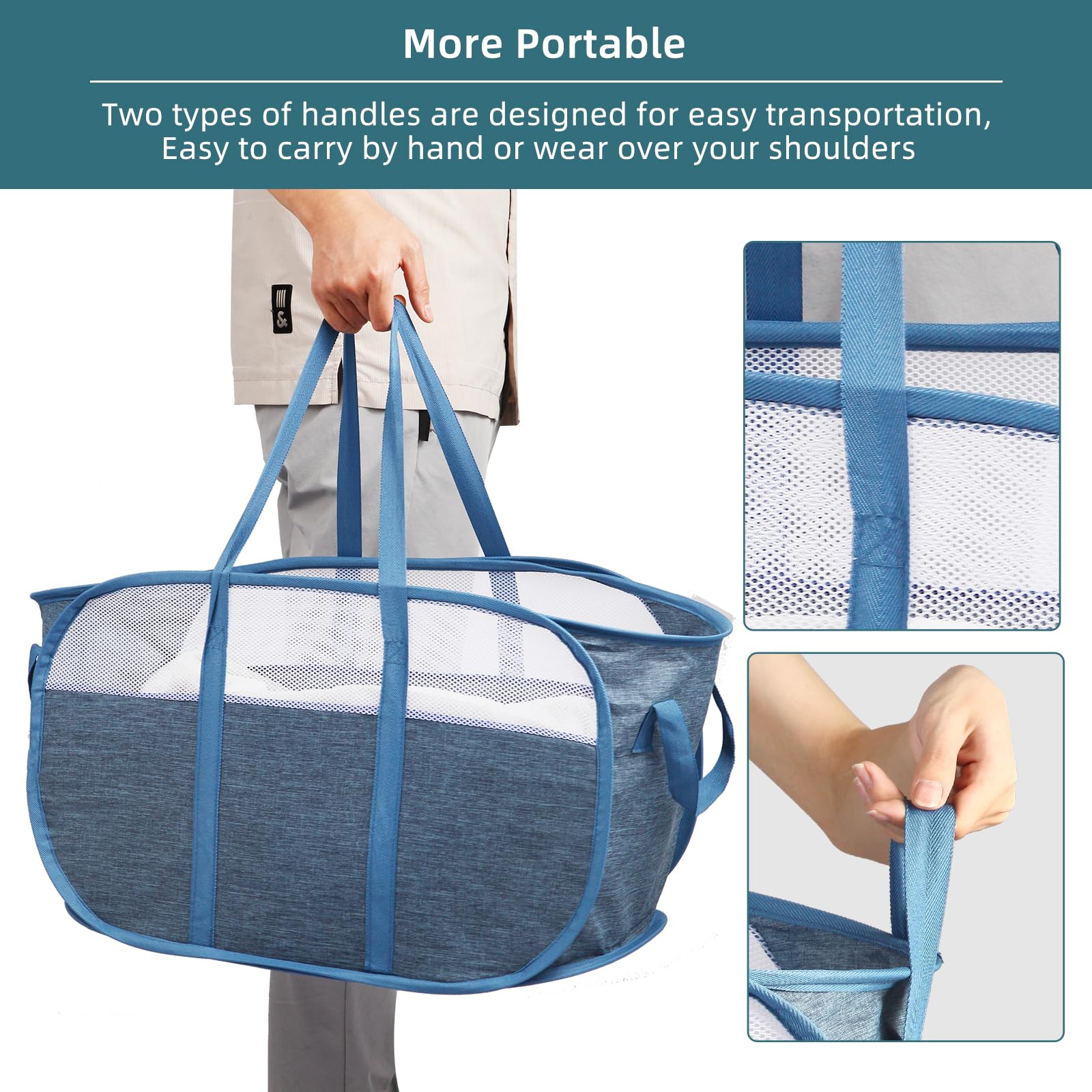 2 cesti portabiancheria pieghevoli, resistenti agli strappi, con doppi manici, resistenti, pieghevoli, facili da trasportare, per casa, lavanderia, camera da letto, dormitorio, viaggi, blu